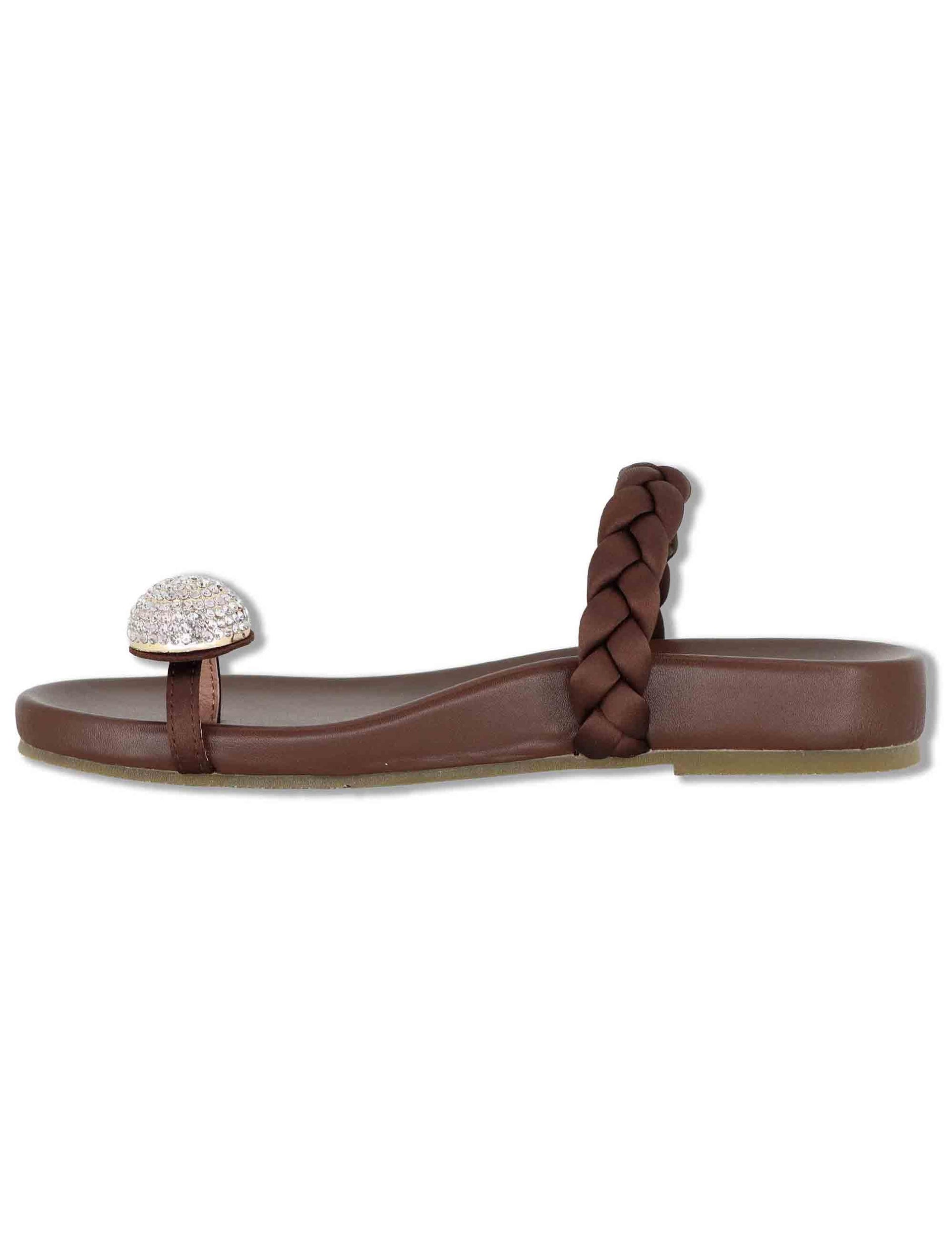 Sandali donna infradito in pelle marrone con pietra gioiello e fubbett basso Balne 880Z80HG 90-MARRON Bibi Lou 