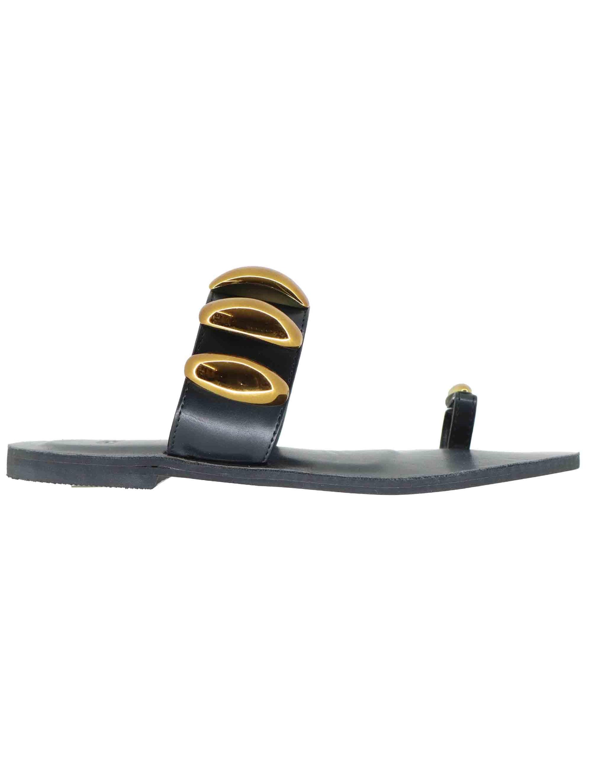 Sandali flat infradito donna in tessuto nero con borchie U428B6011001 NSS01 Exe 