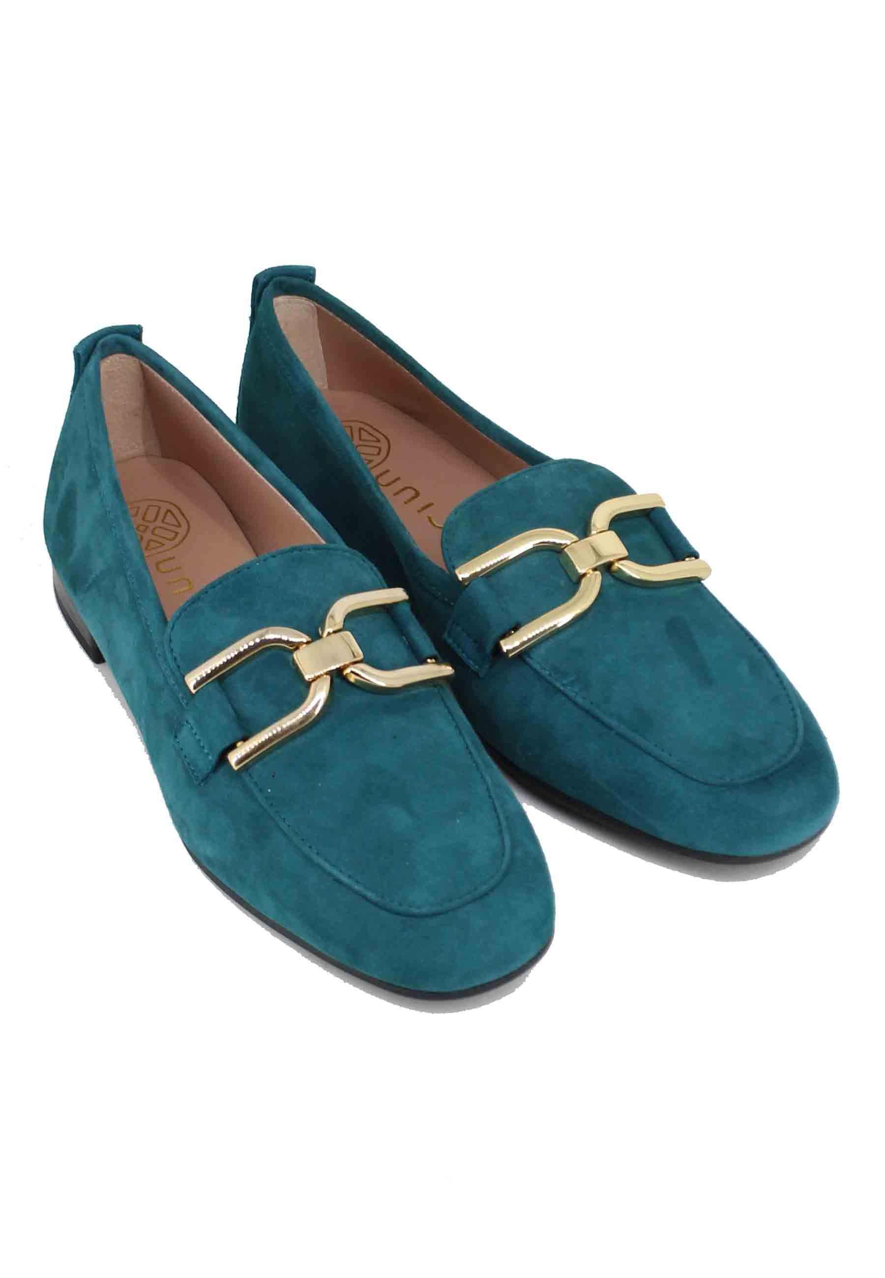 Mocassini donna in camoscio petrolio con morsetto oro BAXTER KS DARK TEAL Unisa 