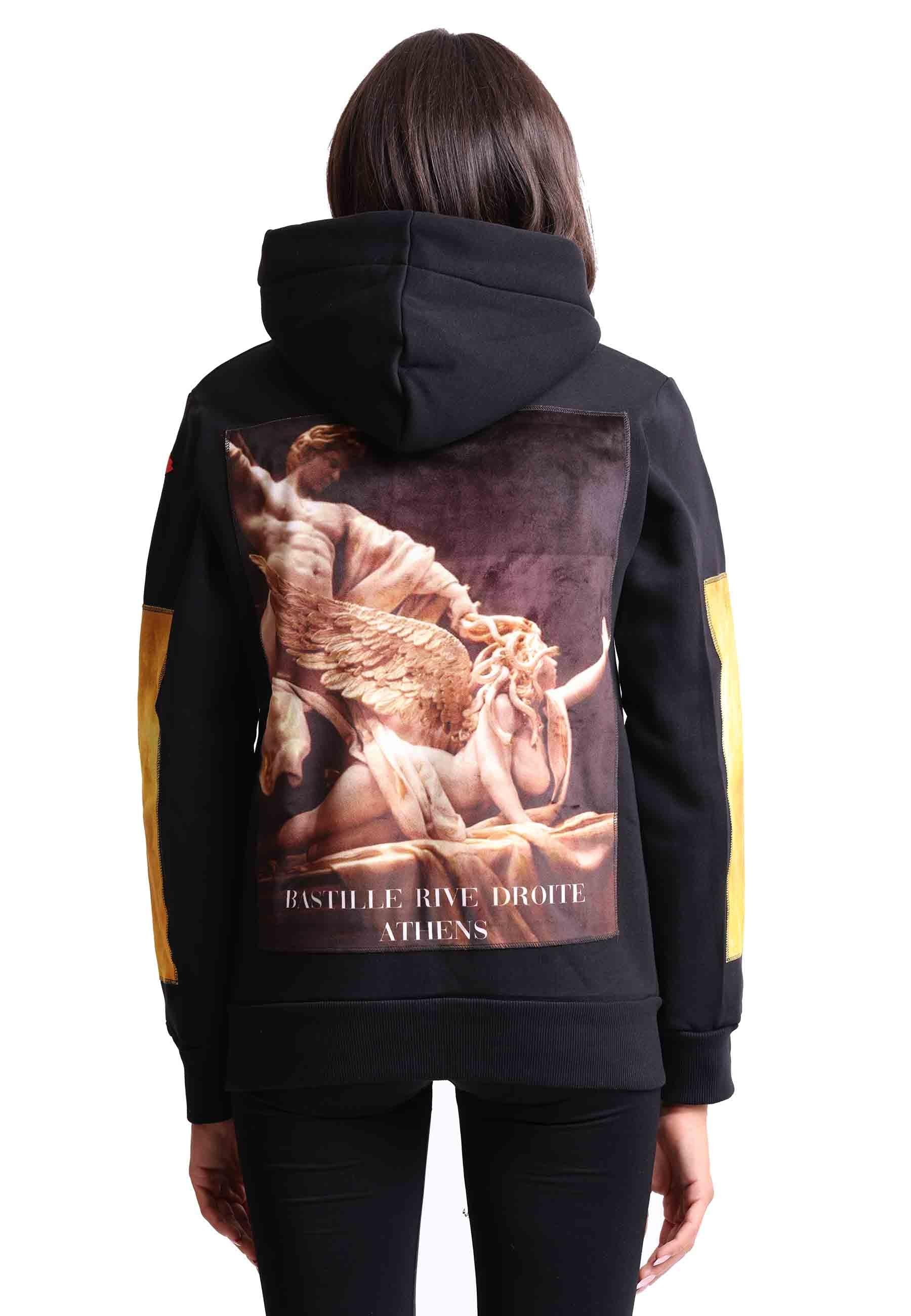 Felpa donna con cappuccio e zip in tessuto nero e stampa in seta ZIP ATENE GOLD Bastille 