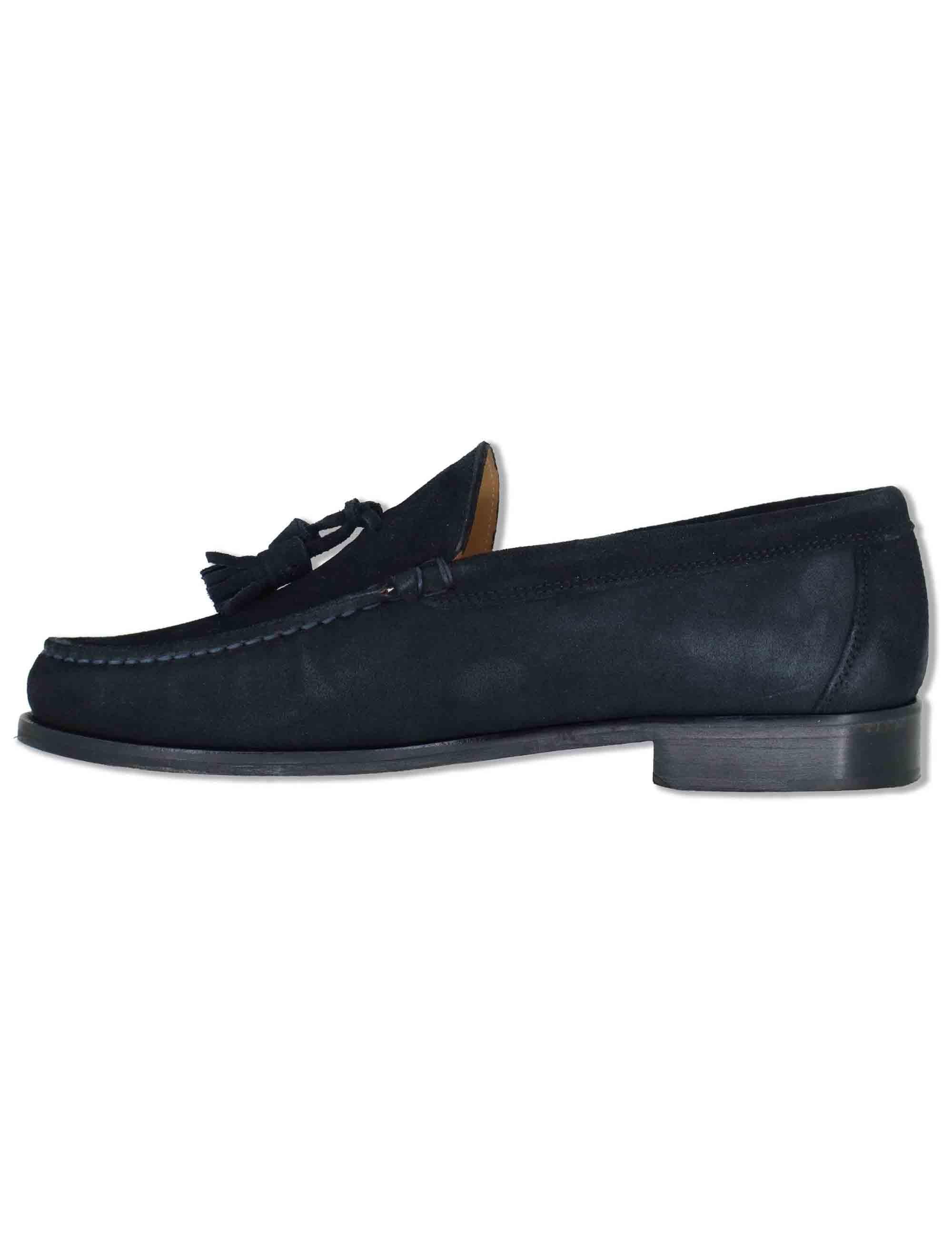 Mocassini uomo in camoscio blu con nappine e suola in cuoio cucita SPSBG1020 002 Spatarella 