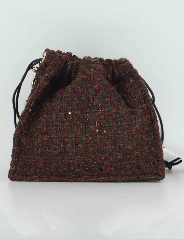 Borse donna in tessuto marrone con chiusura coulisse e catena oro BON BON RUTH Kassiopea 