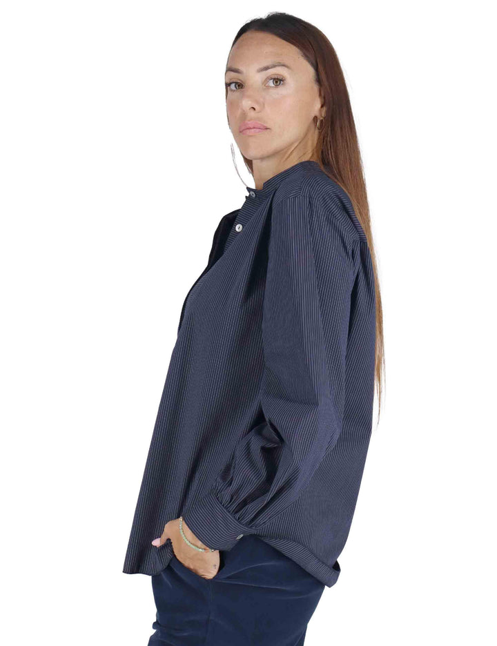 Camicie donna in cotone blu con maniche lunghe e collo alla coreana 3W25-CERRO PIN NIGHT TreBarraBi 