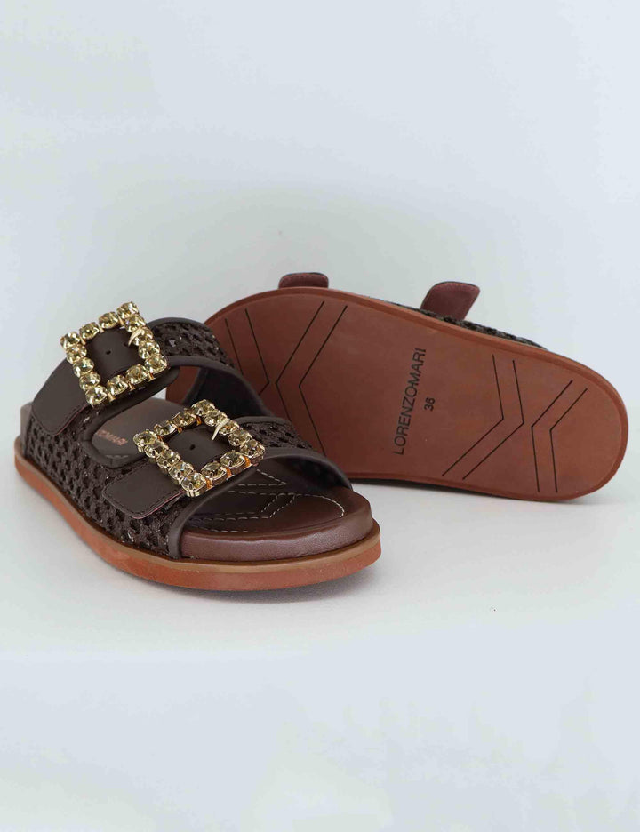 Sandali flat donna in pelle marrone con doppia fibbia PRIMULA06 014 Lorenzo Mari 