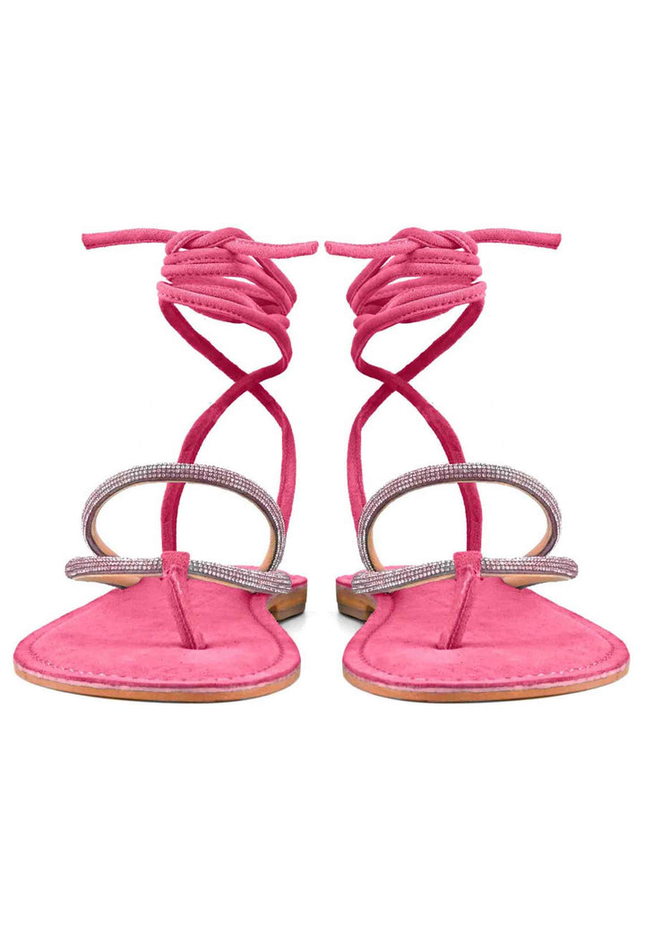 Sandali flat donna infradito in camoscio fuxia con strass e lacci alla caviglia 223019 FUX Coral Blue 