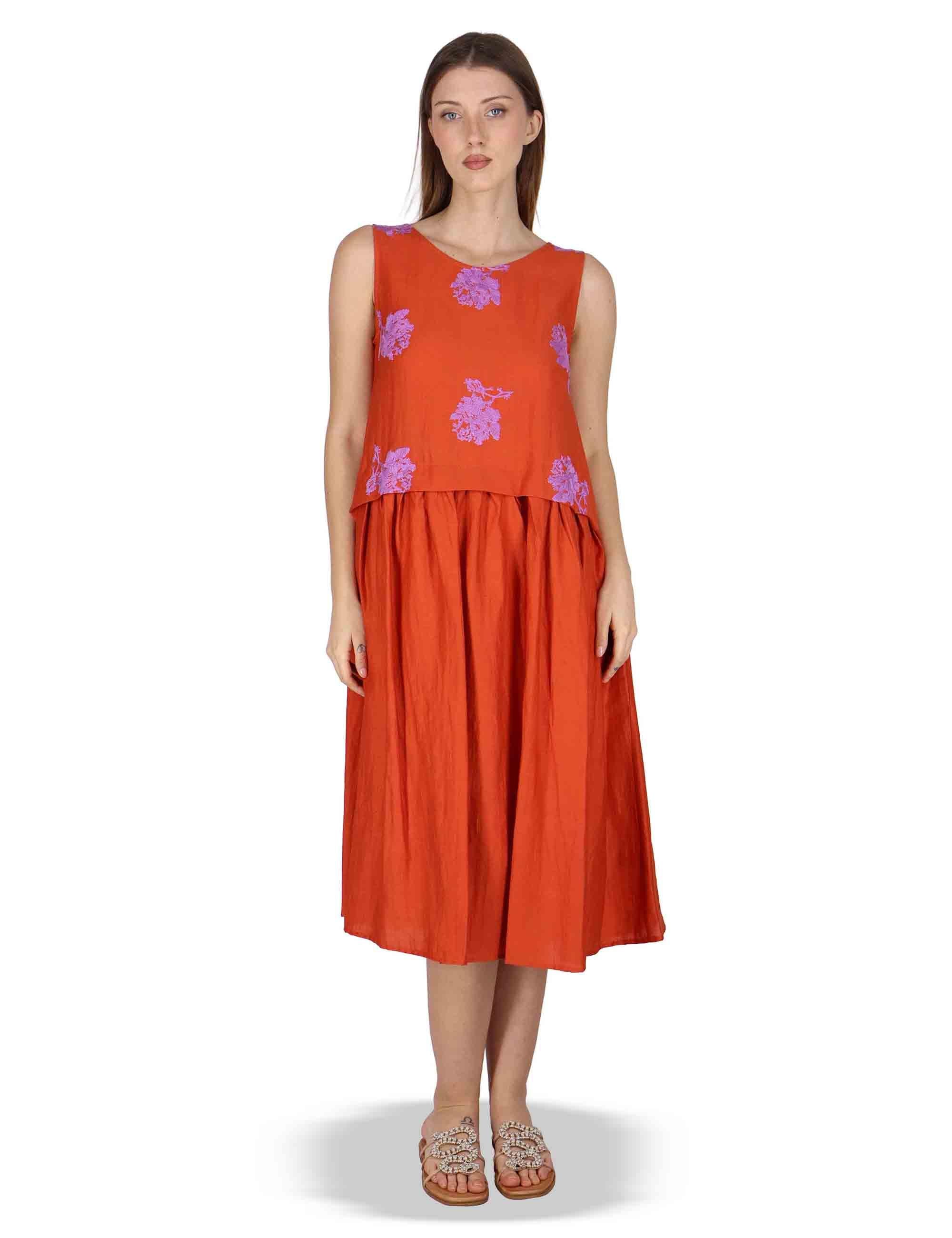 Abito donna Airy Midi Flow in lino rosso con stampa floreale JABAB0001-F1522-1232 2520 Justmine 