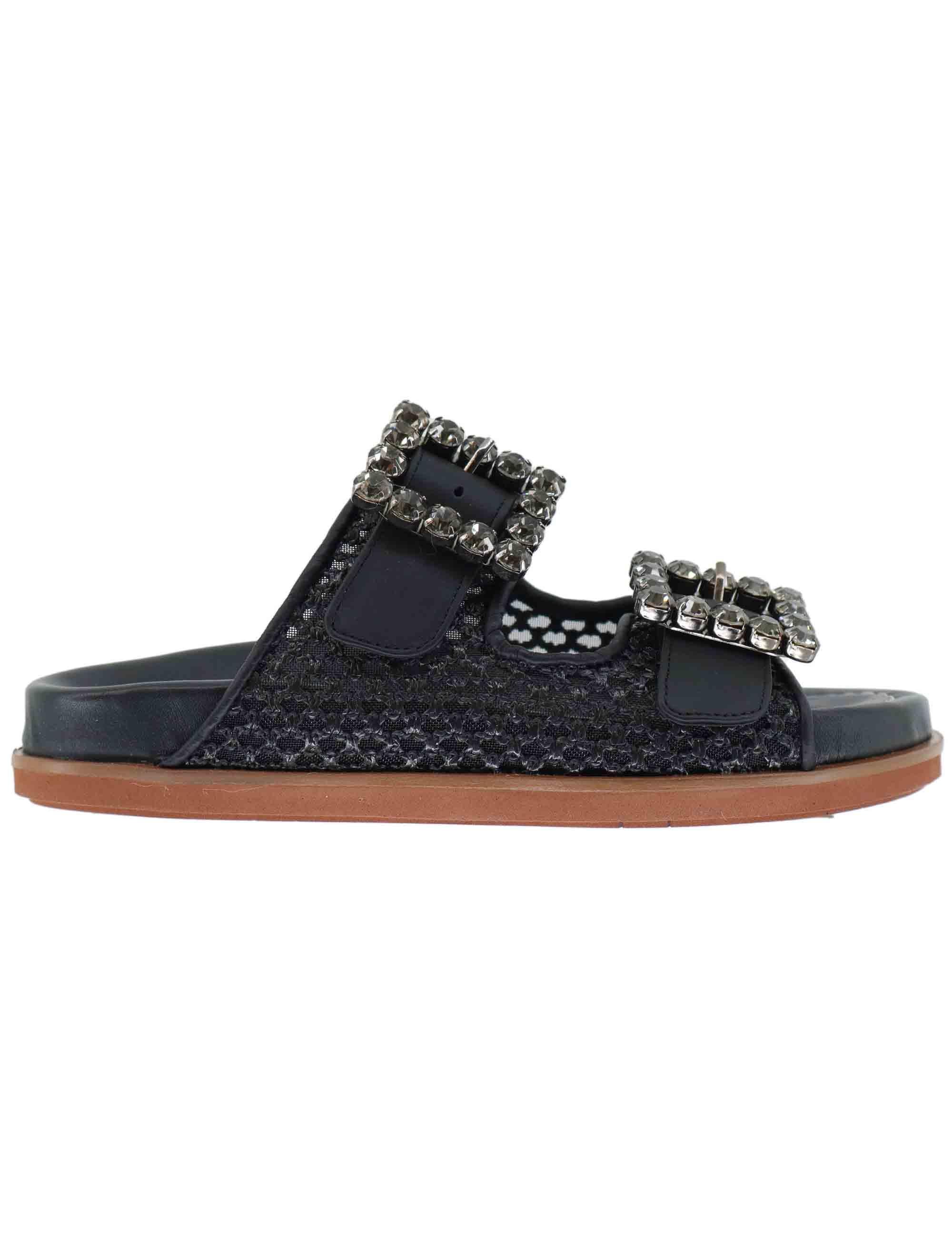 Sandali flat donna in pelle nera con doppia fibbia PRIMULA06 001 Lorenzo Mari 