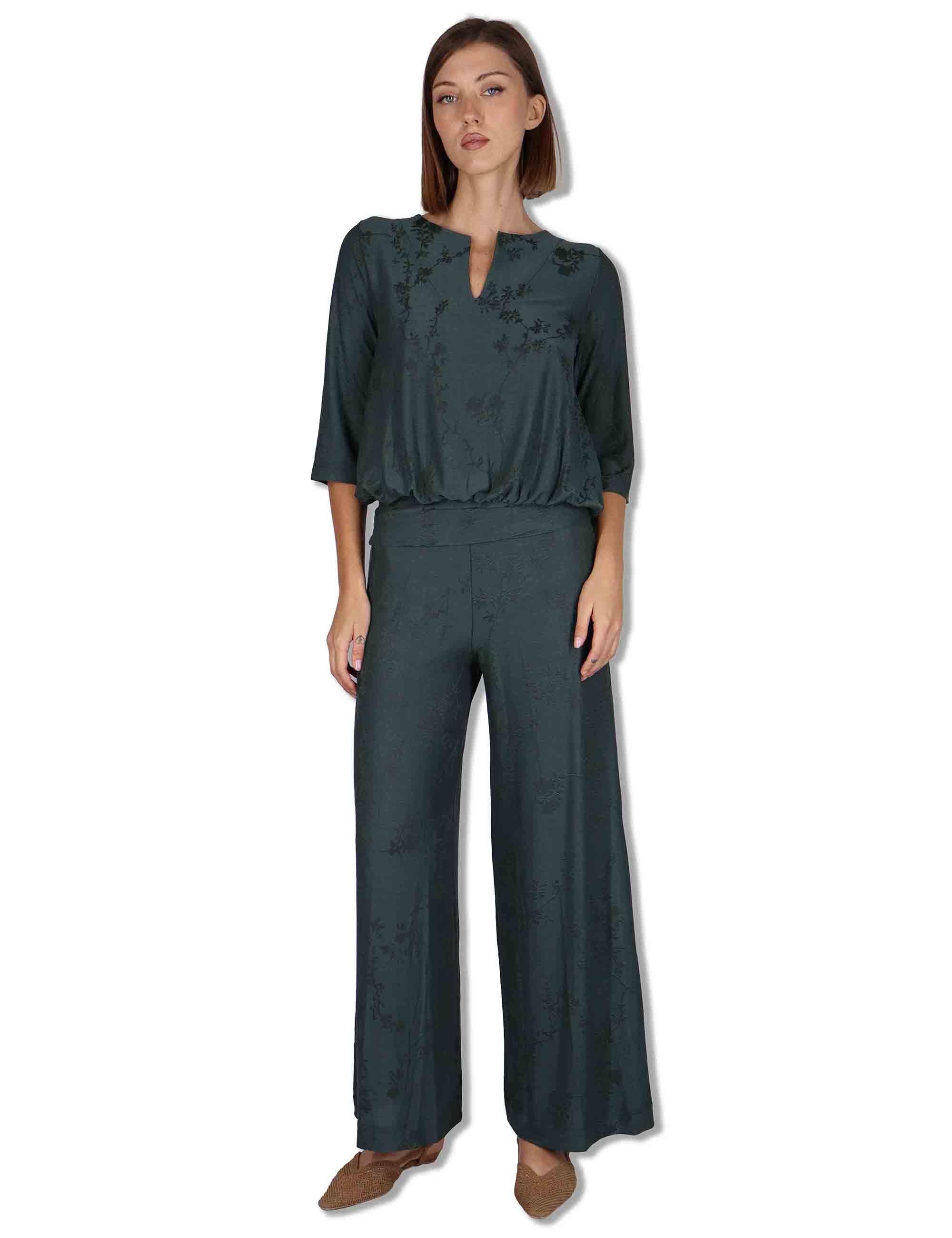 Blusa donna in viscosa verde con ricami floreali ed elastico al fondo JABCM0001-F1508-1263 7018 Justmine 