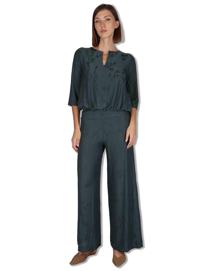 Blusa donna in viscosa verde con ricami floreali ed elastico al fondo JABCM0001-F1508-1263 7018 Justmine 