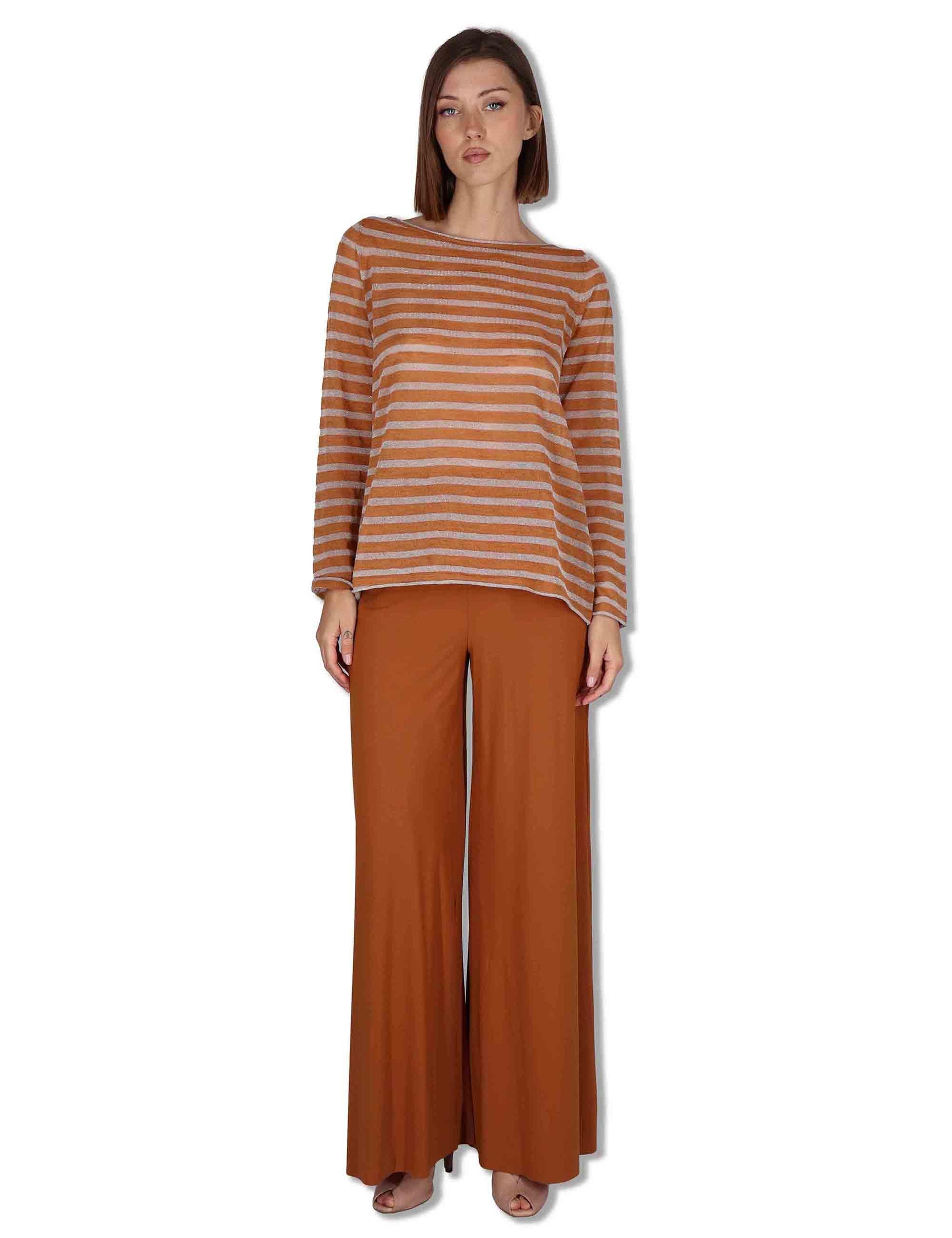 Maglie donna Summer Linen in misto lino cammello e beige a strisce JQ509178148 12B11 Maliparmi 