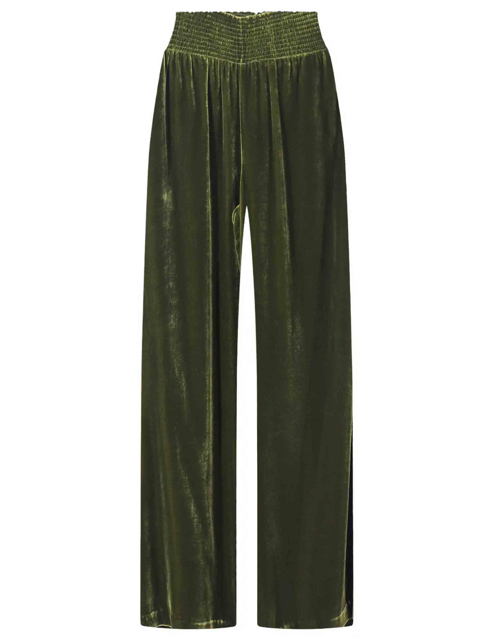 Pantaloni donna Fluid Velvet in velluto e seta verde gamba larga JH803561026 60004 Maliparmi 