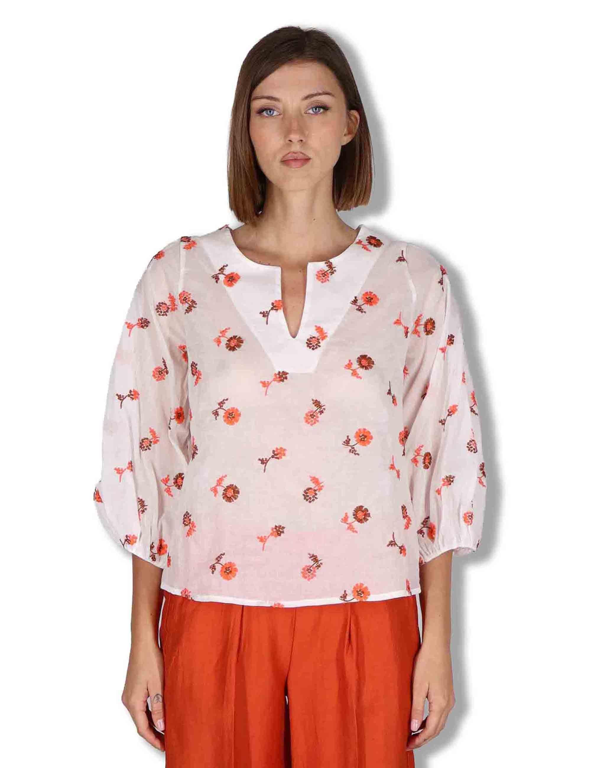 Camicie donna in cotone off white con ricami florali e maniche a 3/4 JABCM0001-F1509-1231 85 Justmine 