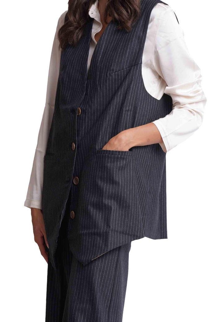 Maxi gilet donna in gessato nero monopetto BUSTA 001 TreBarraBi 