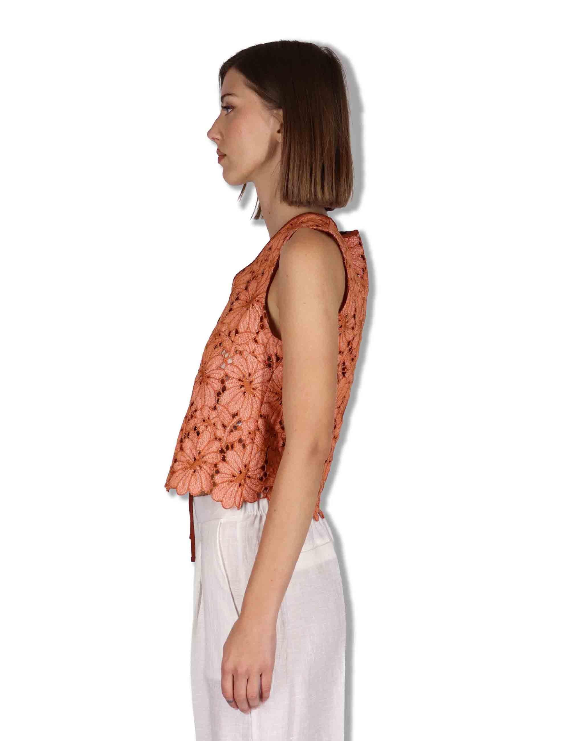 Gilet donna in macrame rosso ricami floreali e nappine JABGI0001-F1504-1251 2102 Justmine 