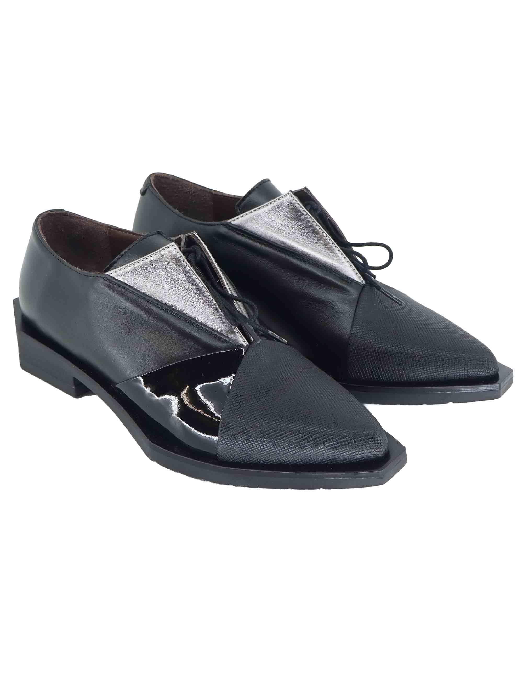 Stringate donna in pelle nera e argento tacco basso G18 1 Le Bohemien 