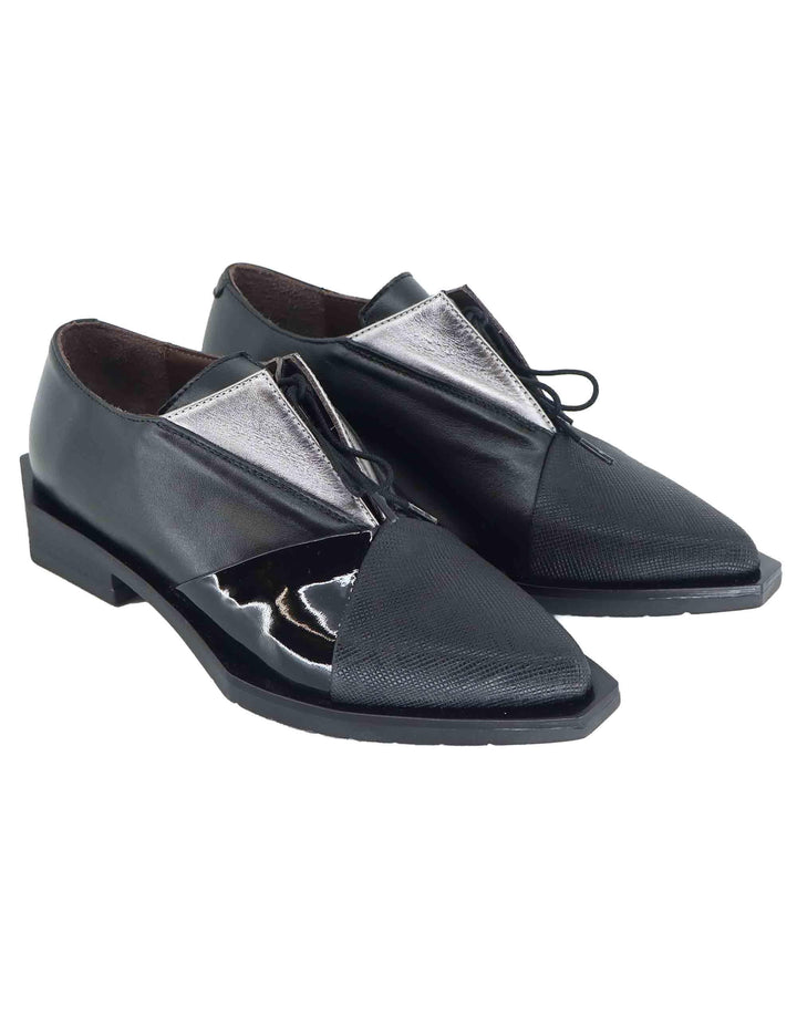 Stringate donna in pelle nera e argento tacco basso G18 1 Le Bohemien 