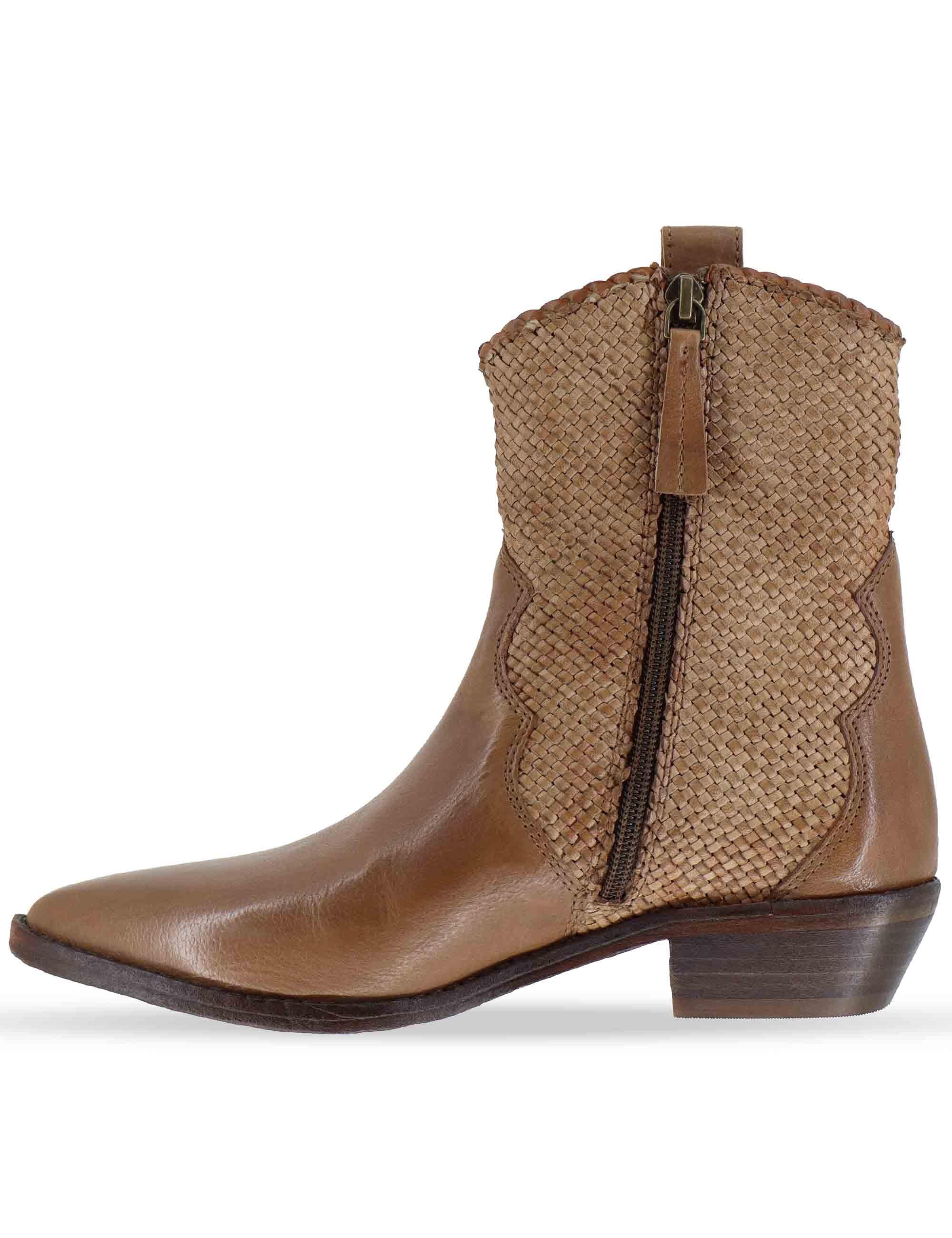 Stivaletti donna in pelle intrecciata cuoio con tacco basso 261-304-14 MOCHA Zolfo 