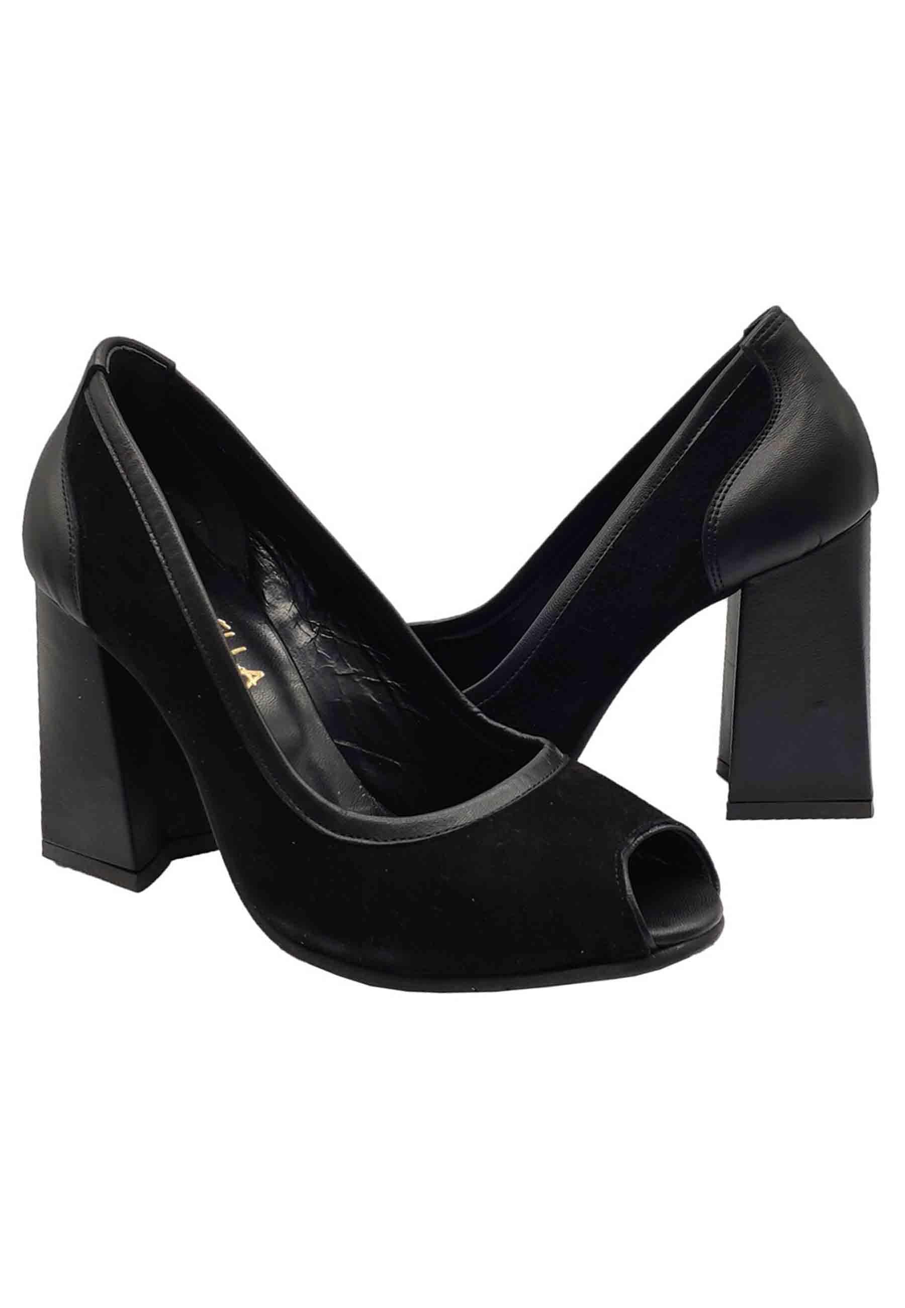 Calzature Donna Décolleté Open Toe In Camoscio e Pelle Nera Tacco Alto F2808 NERO Spatarella 