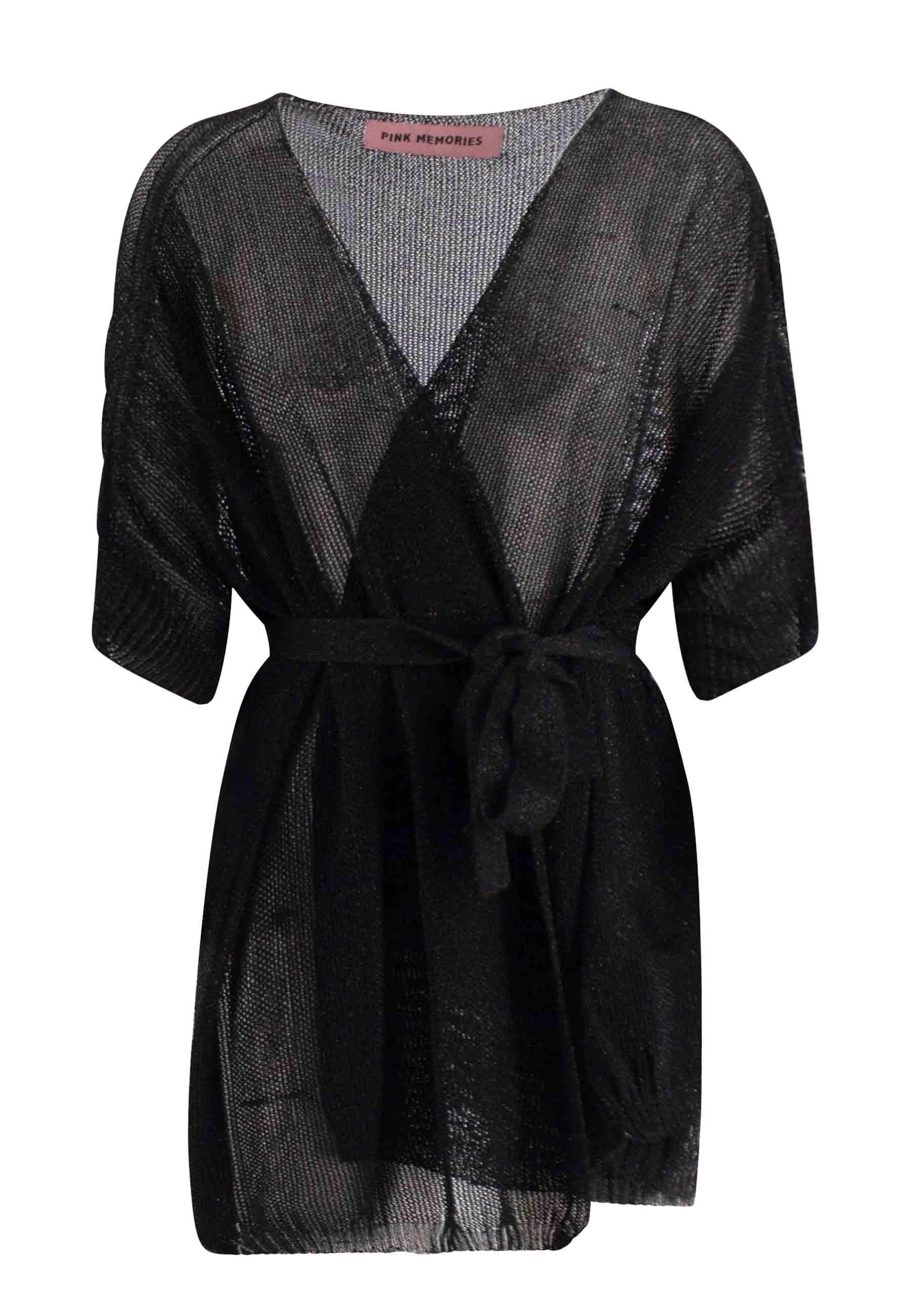 Cardigan over donna a kimono in lurex nero con cintura in tono 11434 02 Pink Memories 