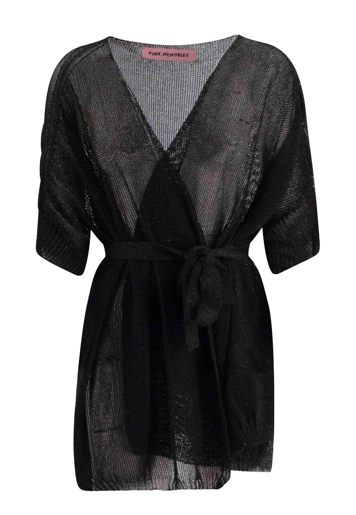 Cardigan over donna a kimono in lurex nero con cintura in tono 11434 02 Pink Memories 