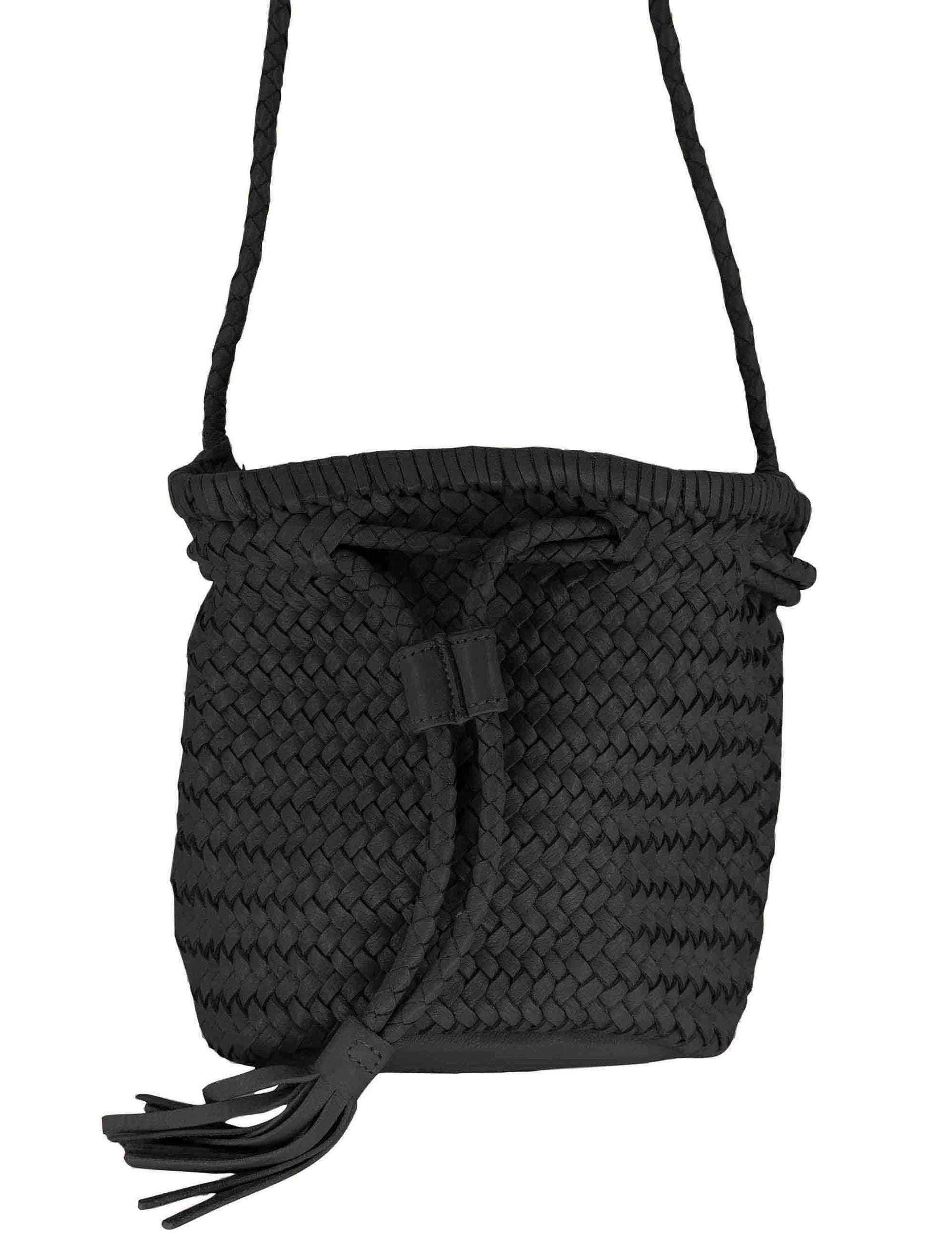Borse donna a secchiello in pelle intrecciata nera con tracolla e chiusura coulisse RBS1105 047 Rehard 