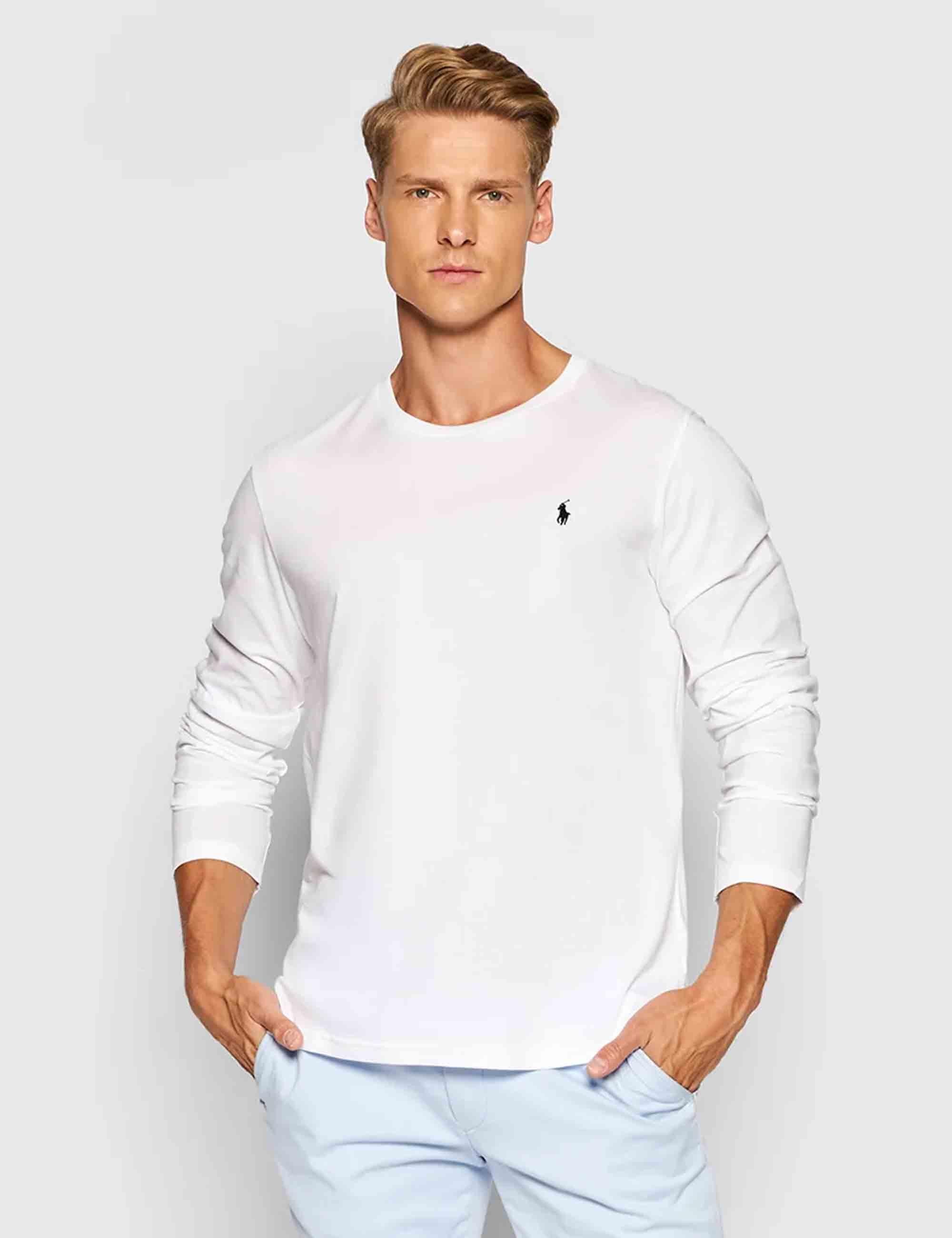 T-shirt uomo Crew in cotone bianco con logo ricamato e maniche lunghe 714844759004 WHITE Polo Ralph Lauren 