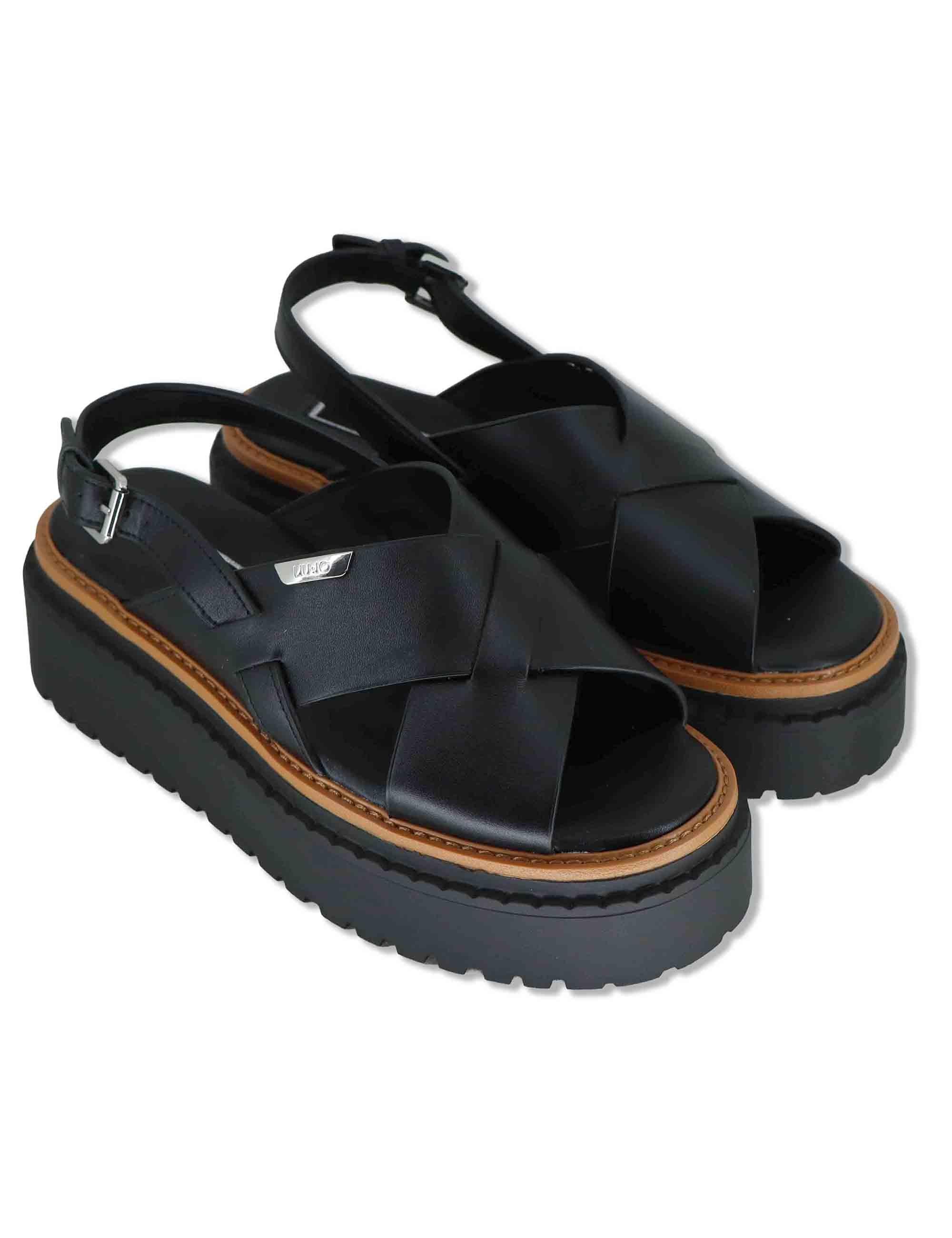 Sandali donna in pelle nera a doppio incorcio e zeppa in gomma BESSIE 02 BLACK Liu-Jo 