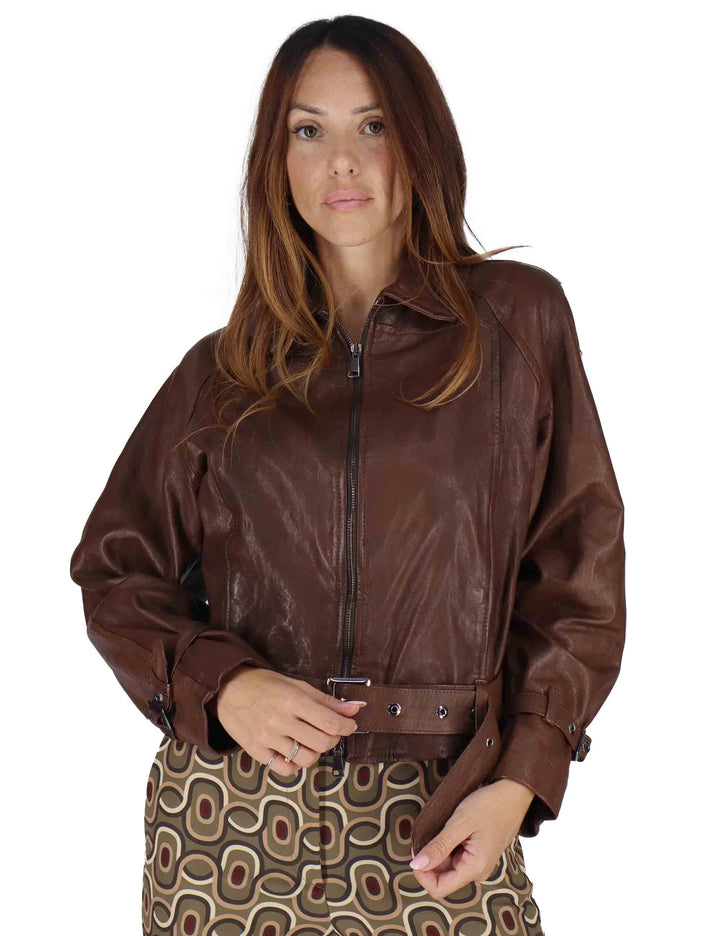Giubbini donna in pelle marrone taglio chiodo con cintura in vita SP2471 014 Spatarella 