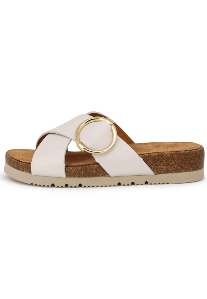 Sandali bassi donna in pelle avorio con fussbett e fibbia laterale oro CARPO RAN IVORY Unisa 