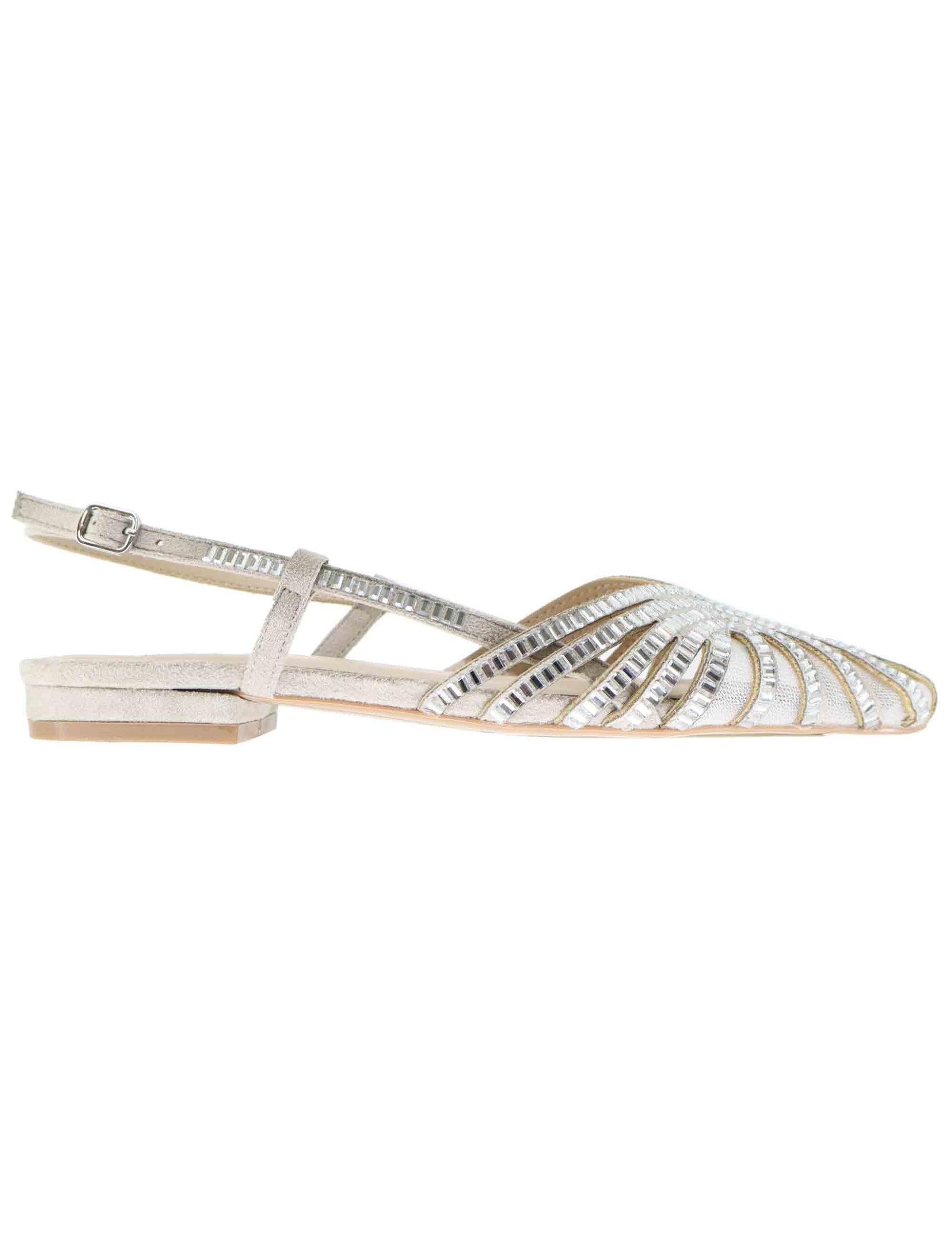 Slingback donna in tessuto argento con strass e tacco basso U470024418A0 D240G-99 Exe 