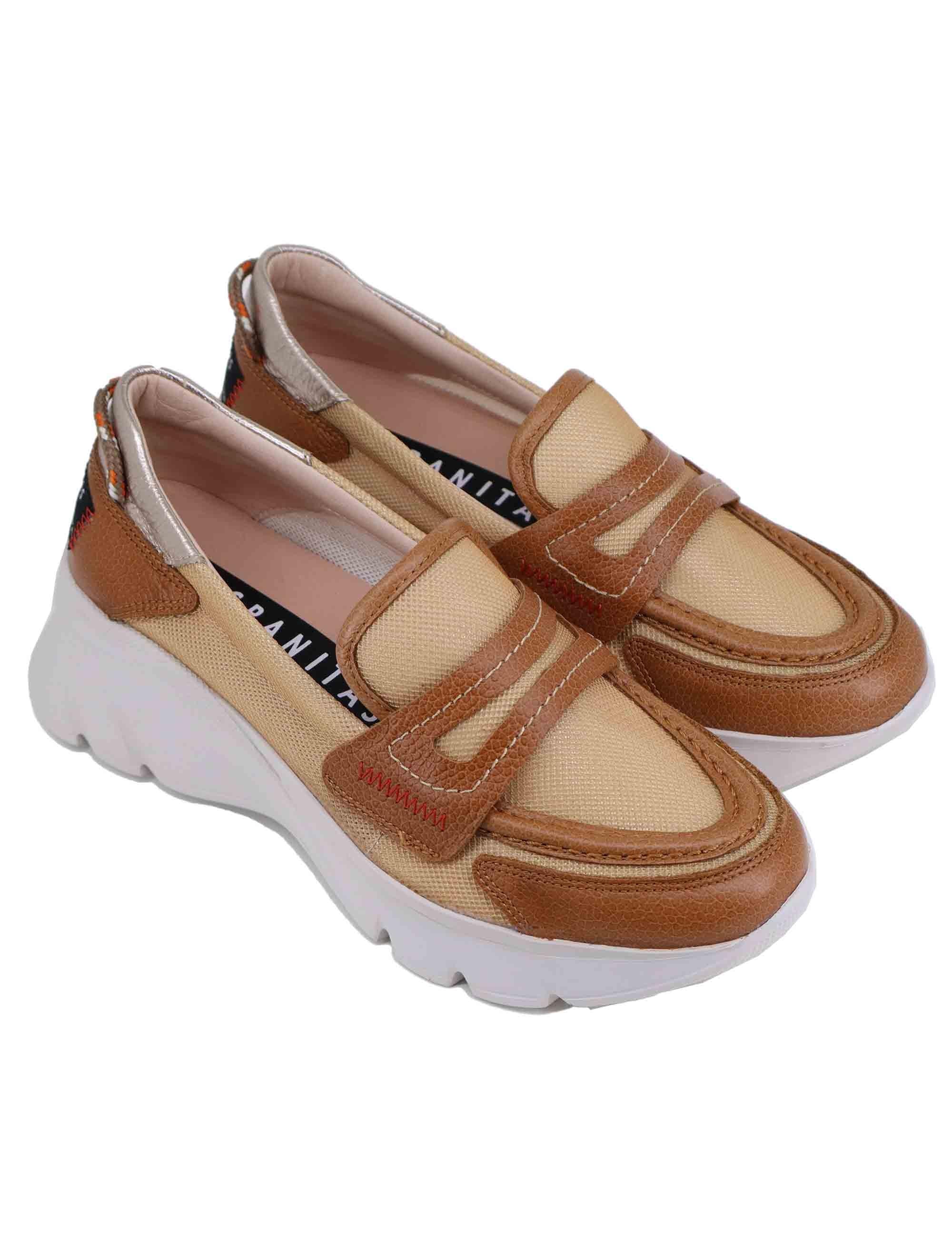 Mocassini donna in tessuto cuoio con zeppa in gomma HV254001 C005 Hispanitas 