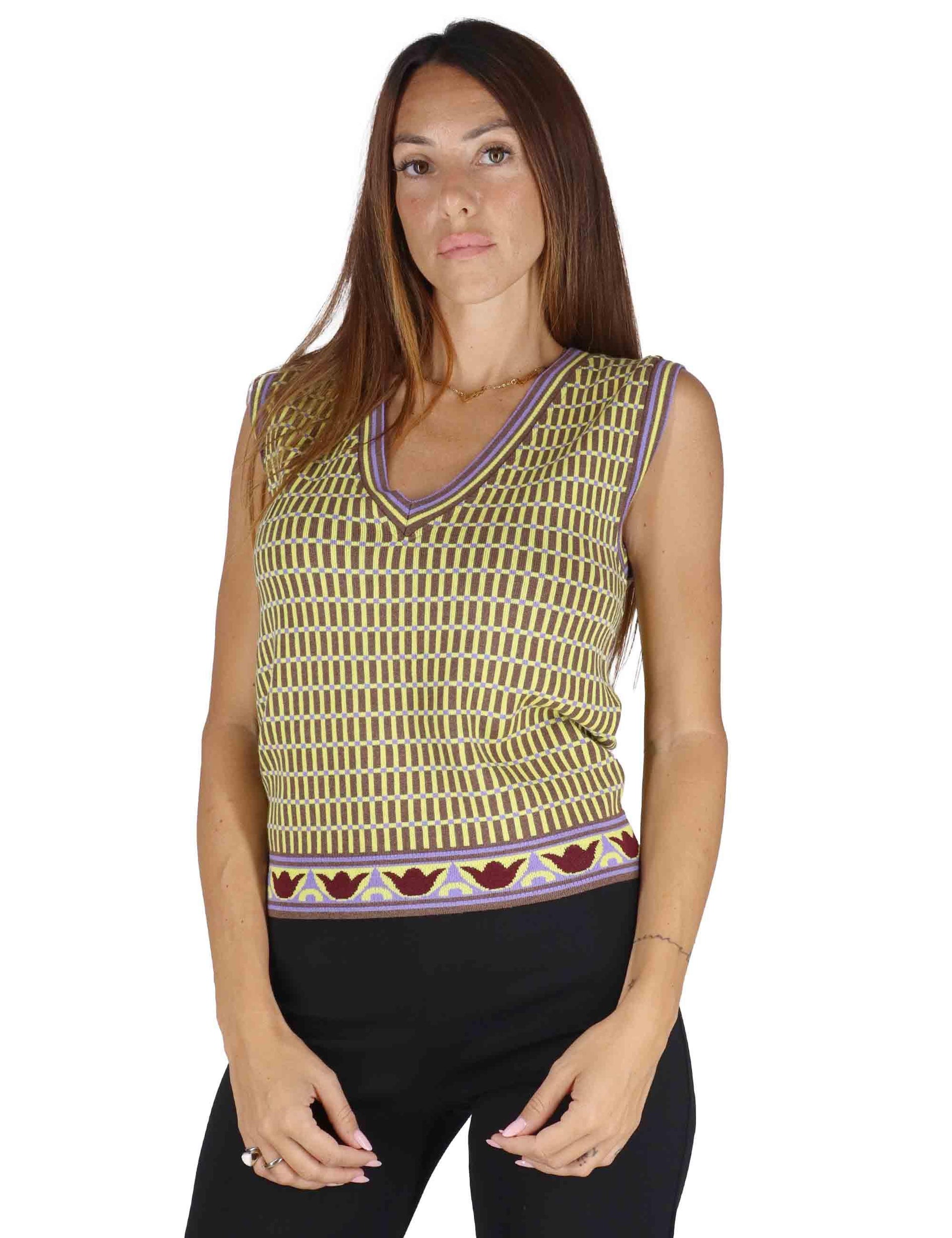 Gilet donna in tessuto naturale giallo a fantasia con scollo a V JABGI0025-G049 1220 Justmine 