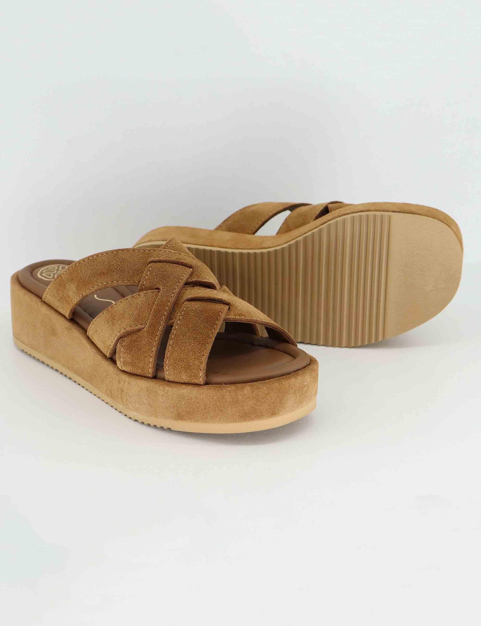 Sandali donna in camoscio cuoio con zeppa bassa KATOU BS_CUOIO Unisa 