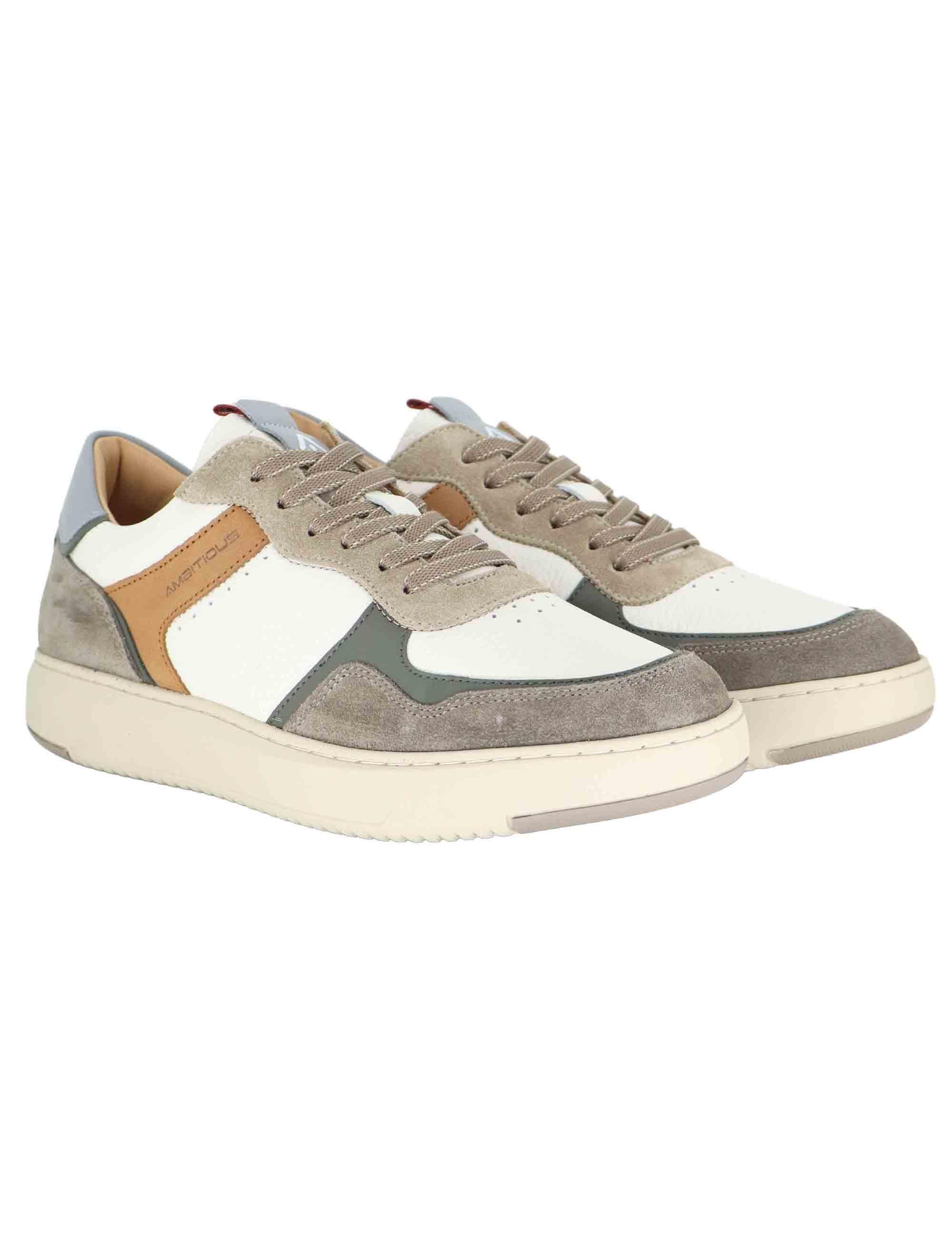 Sneakers uomo in pelle bianca e camoscio taupe 14095 1580AM Ambitious 