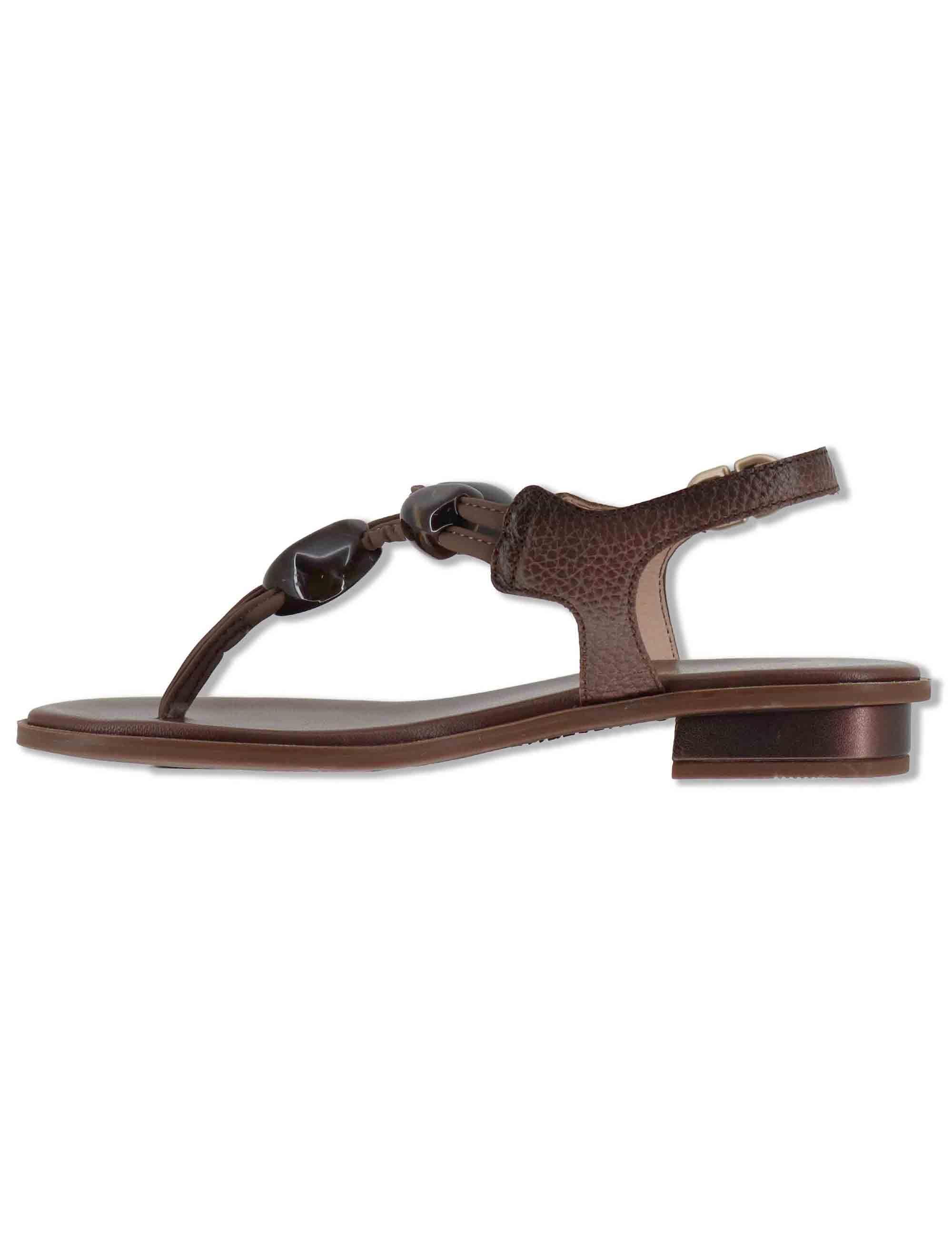 Sandali flat infradito donna in pelle cuoio con pietre e cinturino alla caviglia HV264785 AVELLANA Hispanitas 