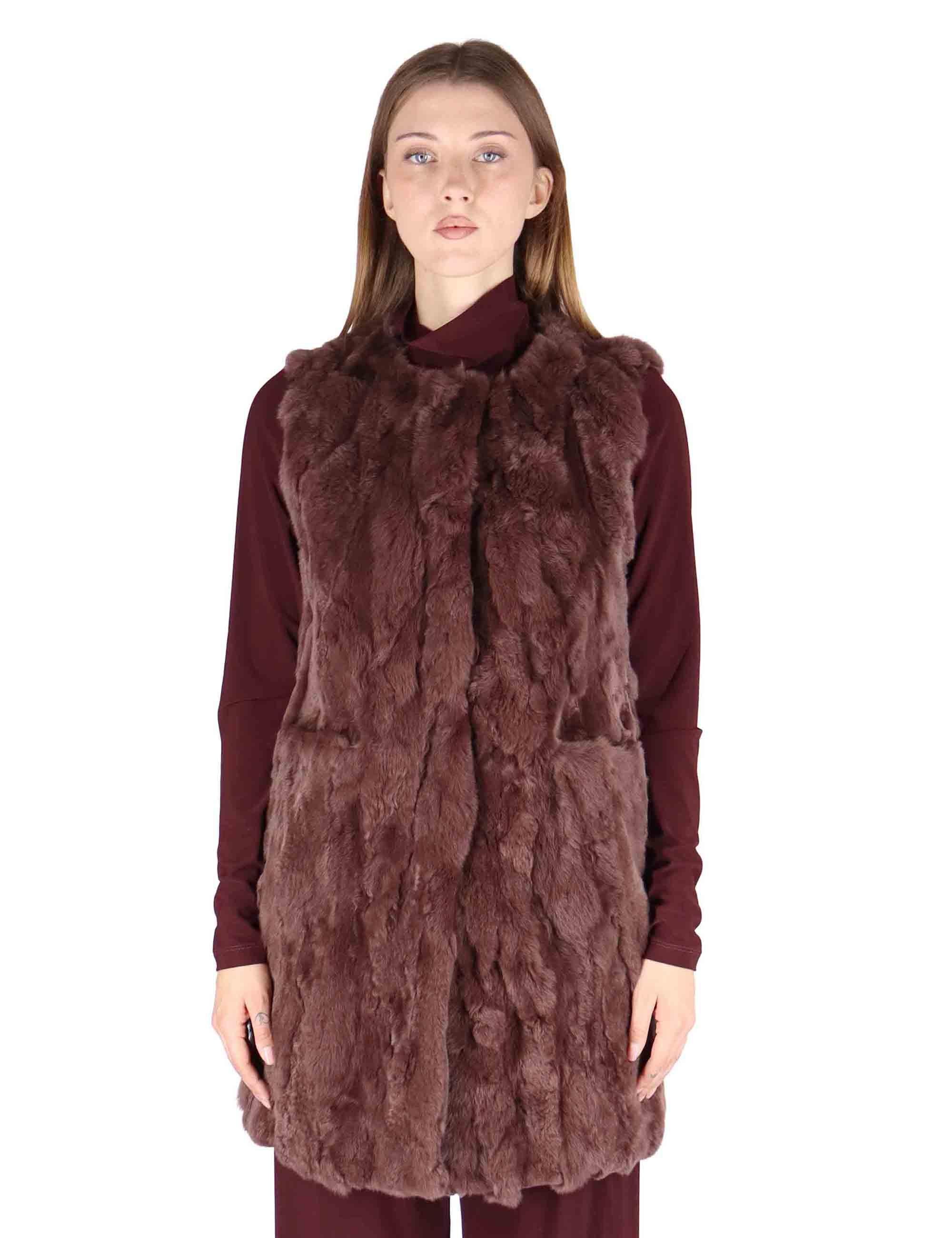 Gilet lunghi donna in lapin bordeaux senza collo SP24165 015 Spatarella 