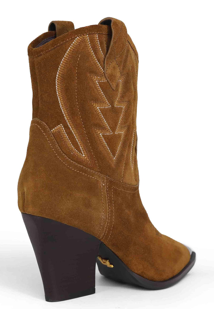 Stivaletti texani donna in camoscio cuoio con cuciture in contrasto e puntale in acciaio Gambels 293T60BK 014 Lola Cruz 