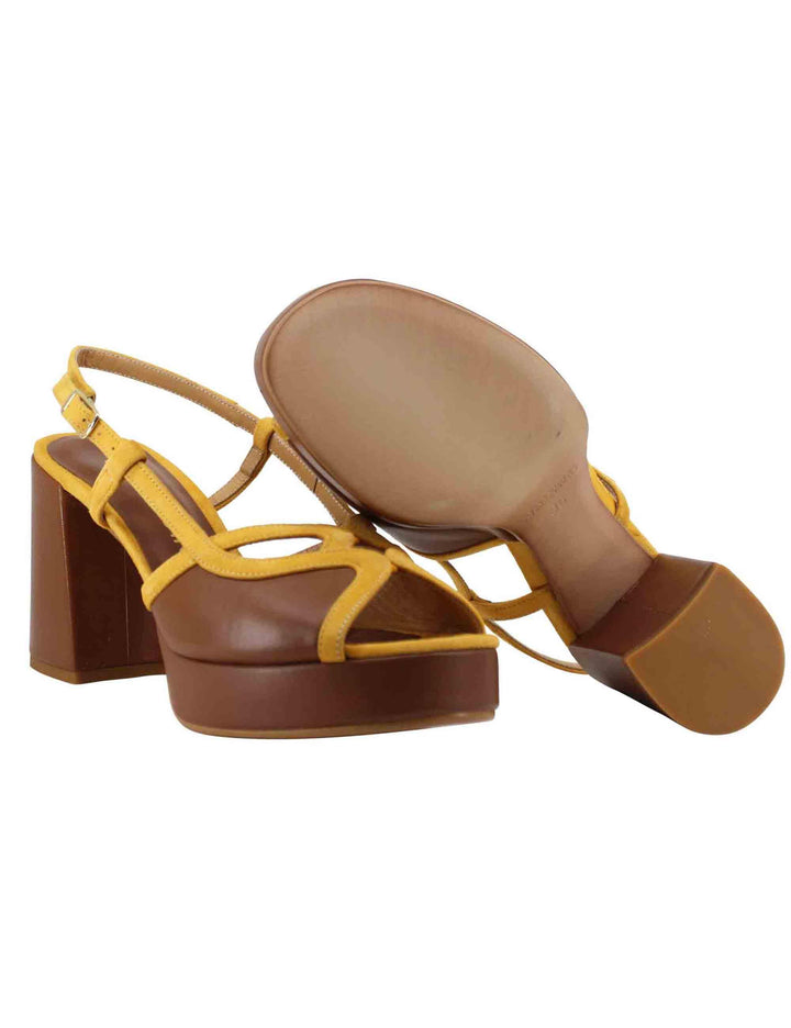 Sandali slingback donna in camoscio giallo e pelle cuoio con tacco alto e plateau SP857 049 Spatarella 