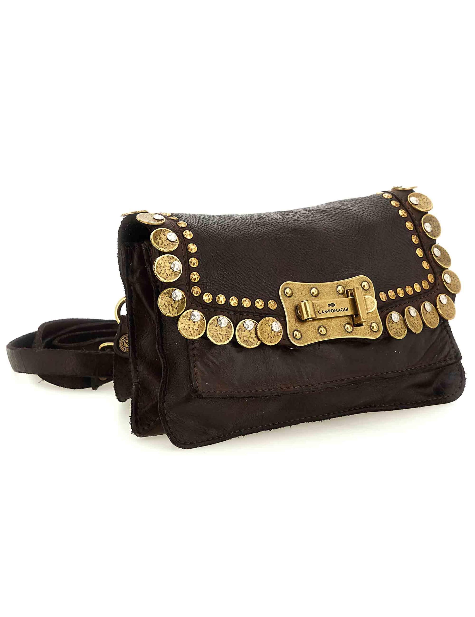 Borse donna Agnese in pelle marrone con borchie oro e doppie tracolle C026100ND X3010 C1501 Campomaggi 
