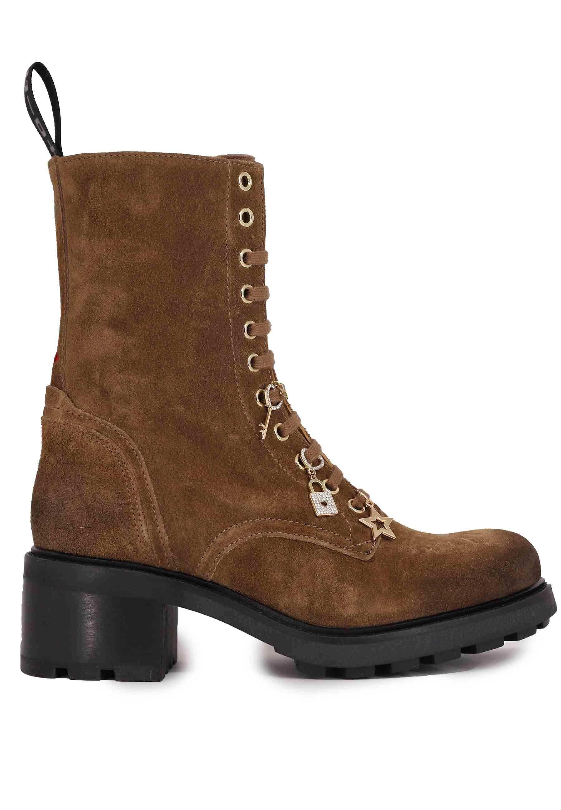 Stivaletti anfibi donna in camoscio cuoio con accessori AFRA 14TDM Gio + 