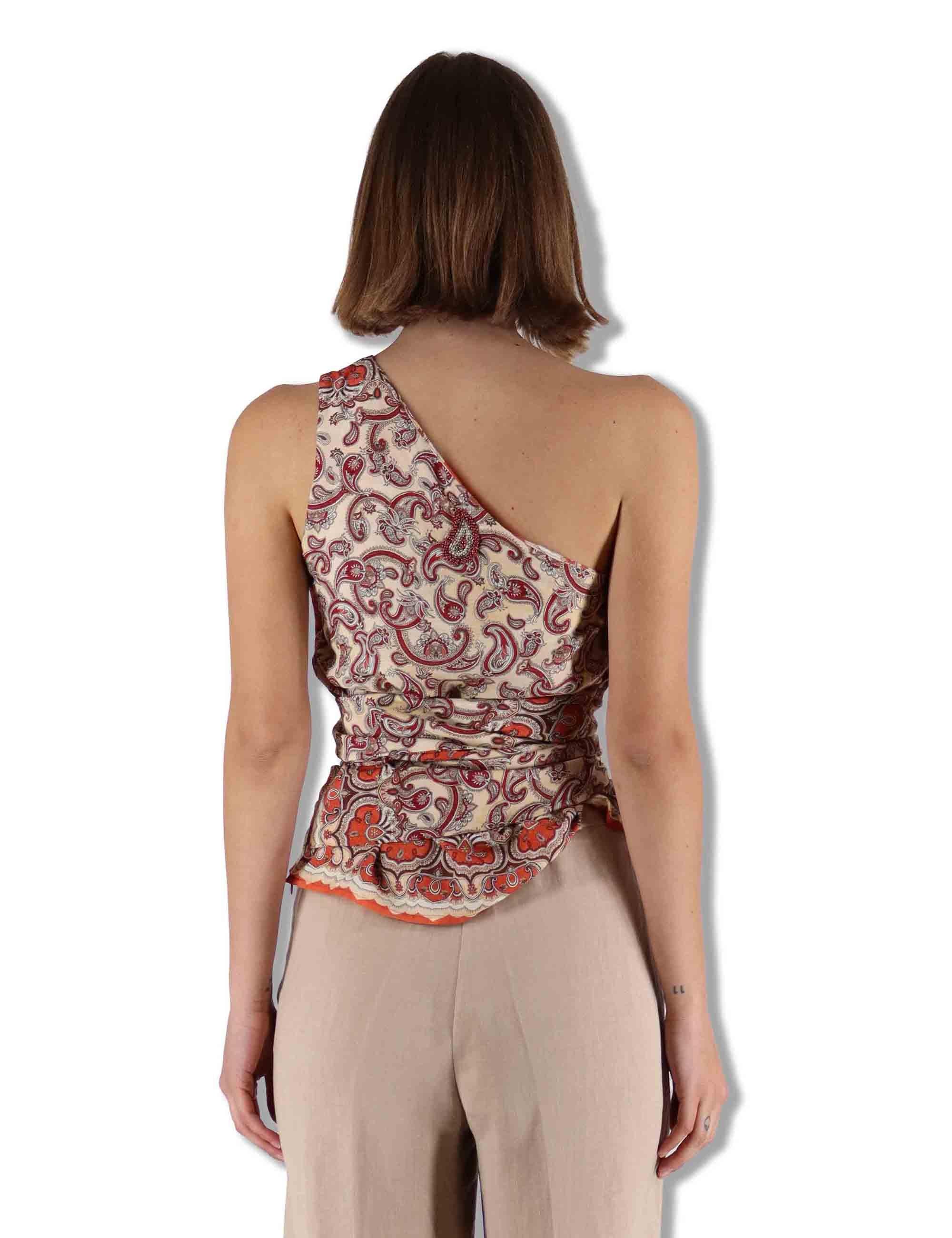 Top donna monospalla Sunset Paisley in viscosa stampata beige con frange JP555550662 B1294 Maliparmi 