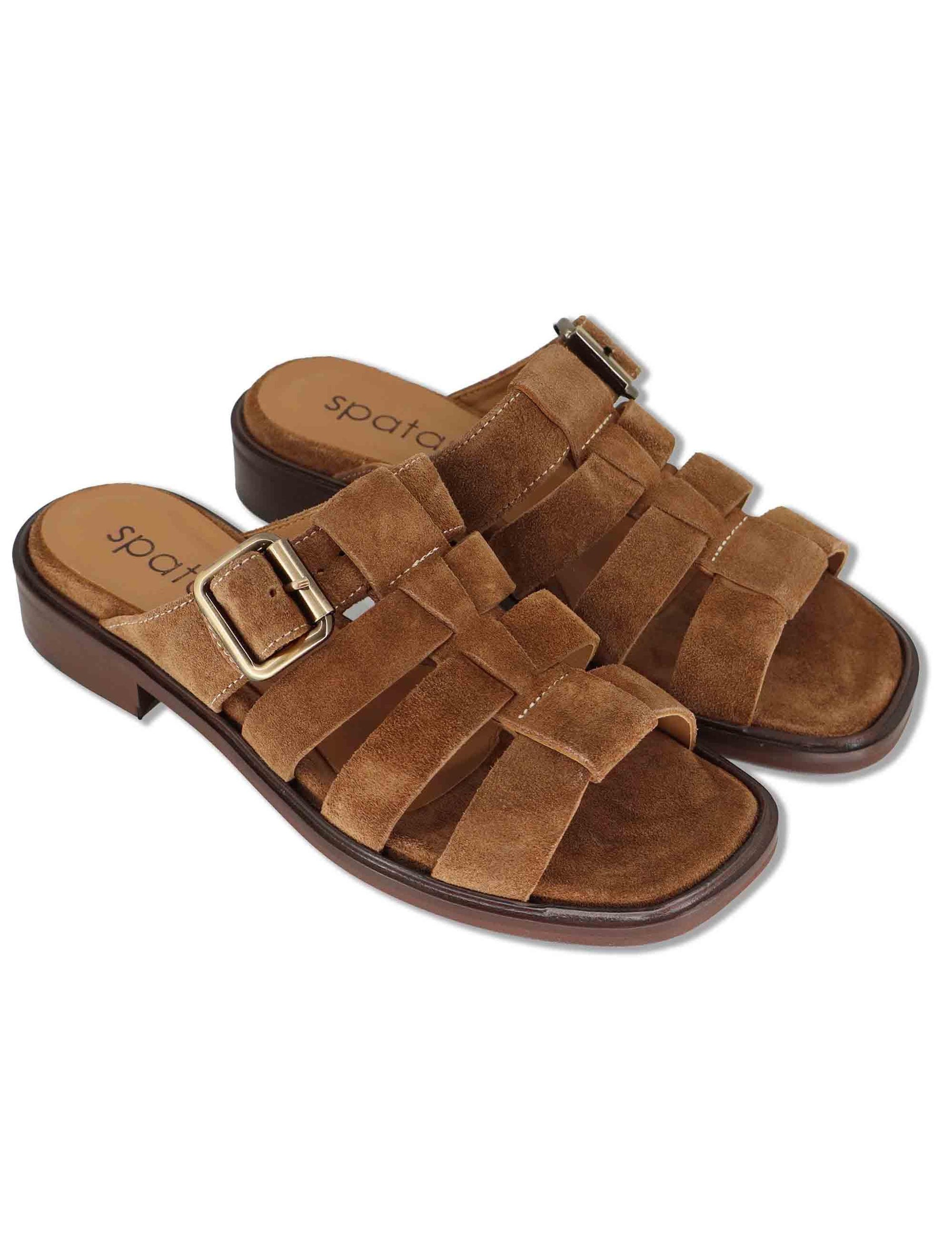 Sandali donna flat in camoscio cuoio con fasce e fibbia laterale SPB603 014 Spatarella 