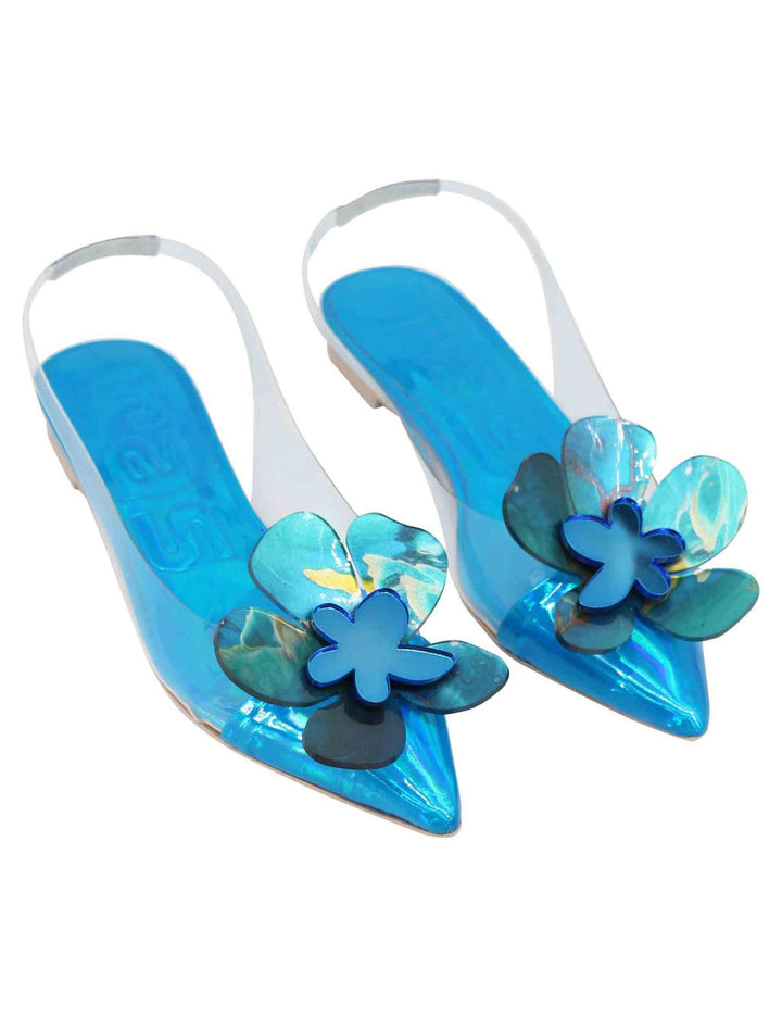 Sandali slingback bassi donna in plexy con riporti in pelle blu 7676 002 Ras 