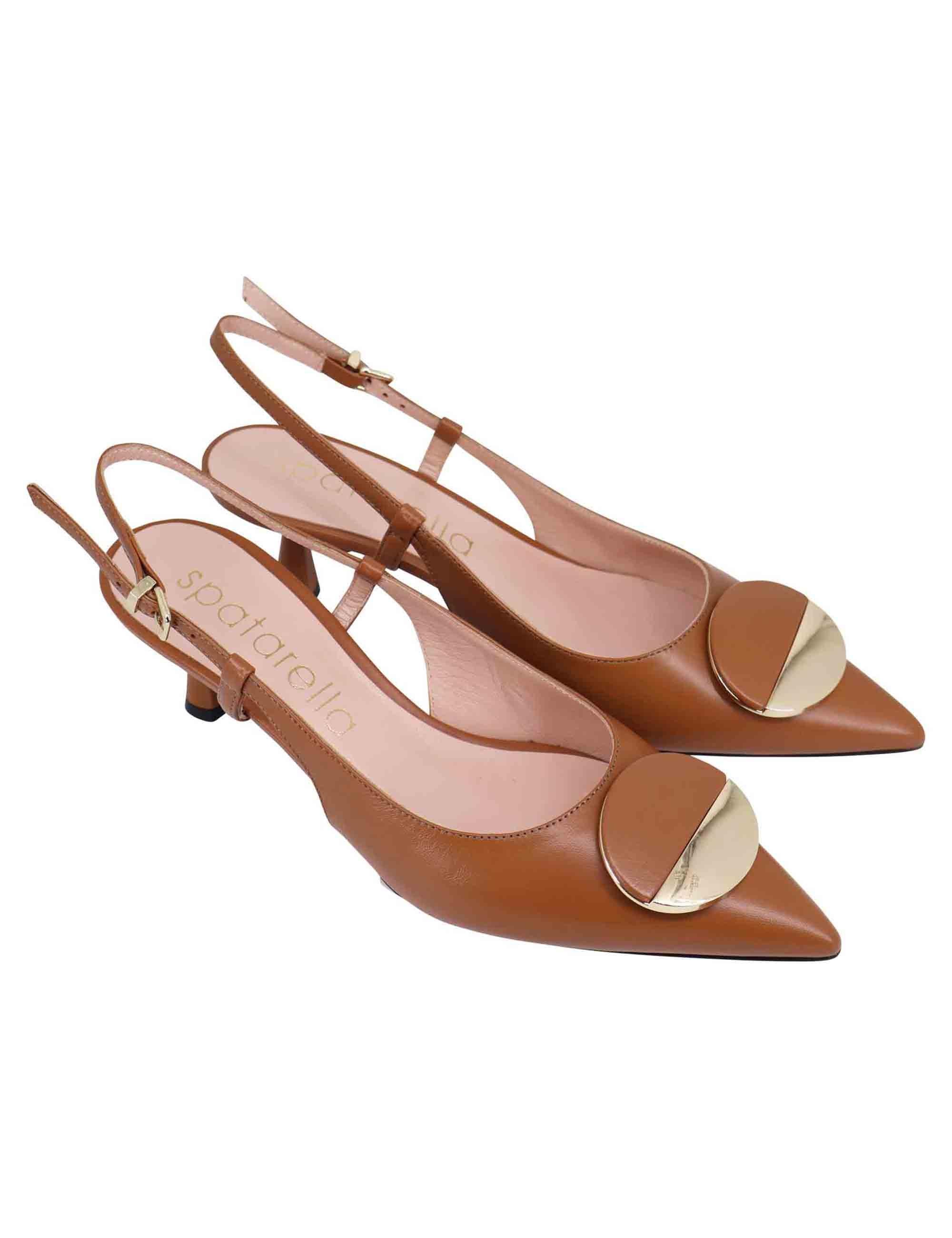 Decollete slingback donna in pelle cuoio con tacco basso e fibbia in oro SP5553 014 Spatarella 