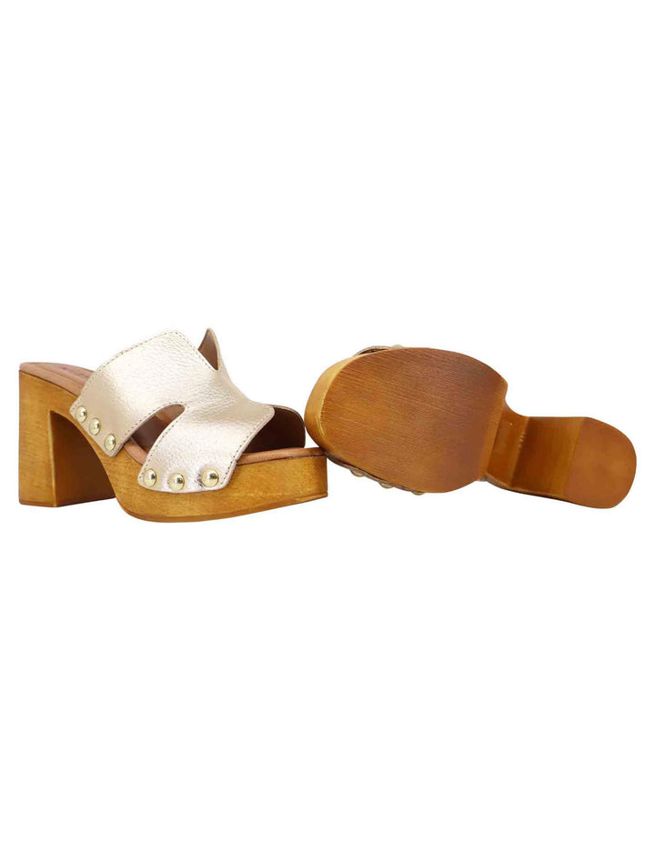 Sandali zoccoli donna in pelle platino con fibbie oro e tacco alto SR8484 602 Sandro Rosi 