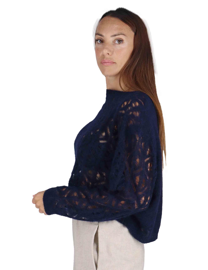 Maglioni donna in lana blu effetto pizzo maniche lunghe 3W25-MAIS SHAG NIGHT TreBarraBi 