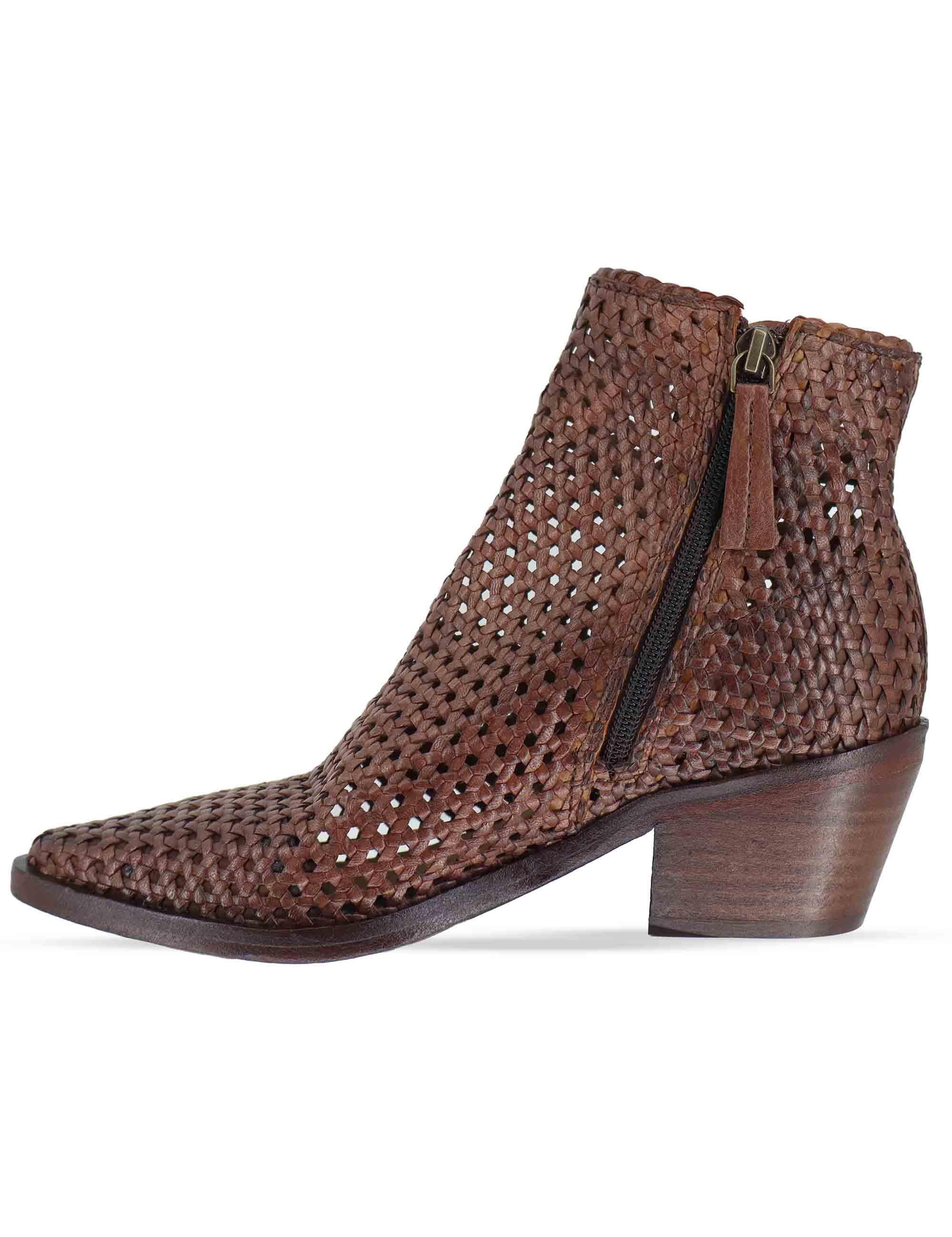 Stivaletti donna in pelle intrecciata cuoio con tacco messicano 261-303-19 BROWN Zolfo 