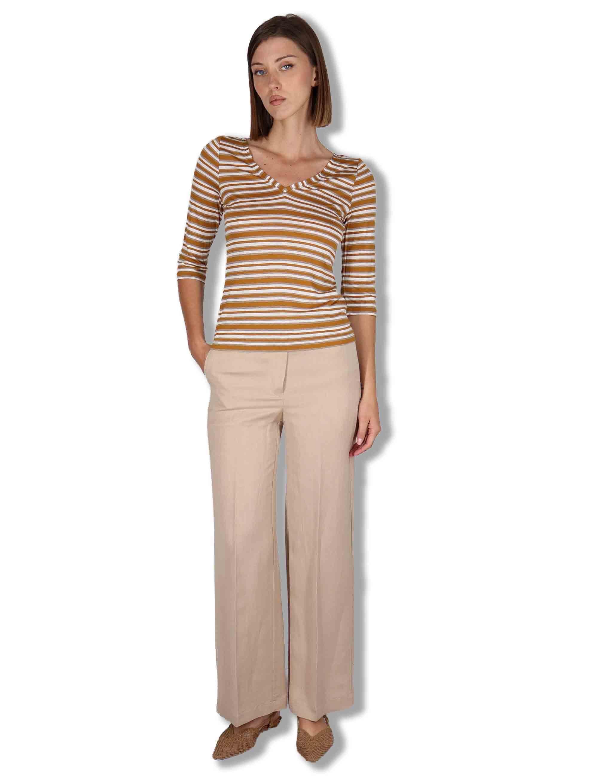 Pantaloni donna Timeless in lino sabbia a gamba larga e tasche laterali JH803340106 11024 Maliparmi 