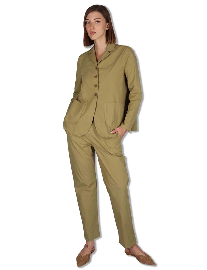 Pantaloni donna in cotone verde a gamba dritta con elastico in vita PINA OVO_KAKI TreBarraBi 
