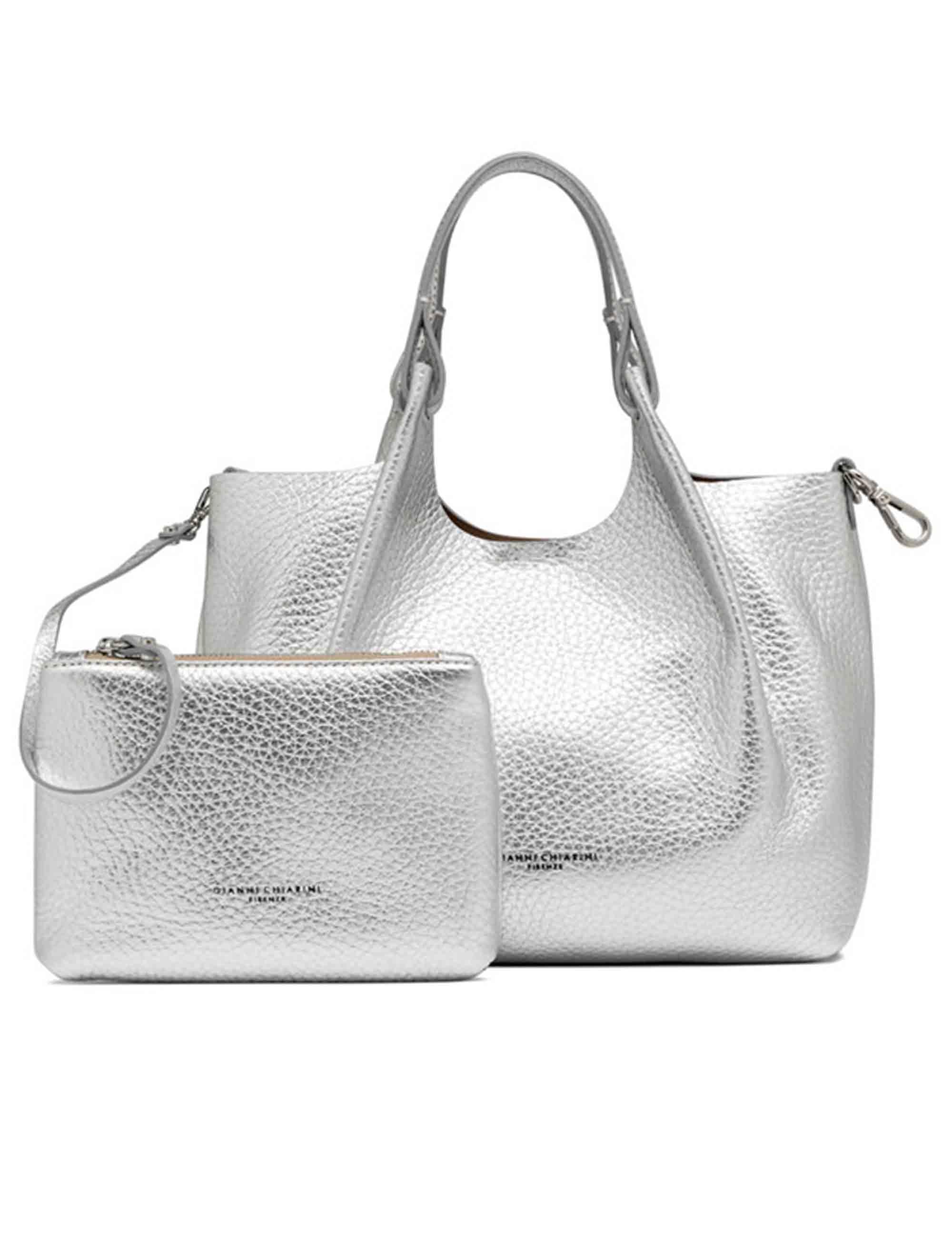 Borse donna Dua in pelle laminata argento con doppi manici e tracolla BS9719 RNGDBL T.U. 14369 Gianni Chiarini 